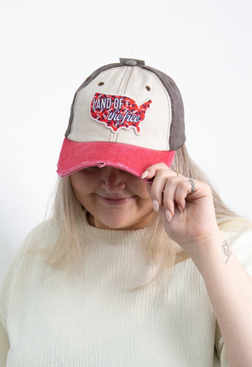 "Land of the Free" Patch on Tan, Brown and Red Hat