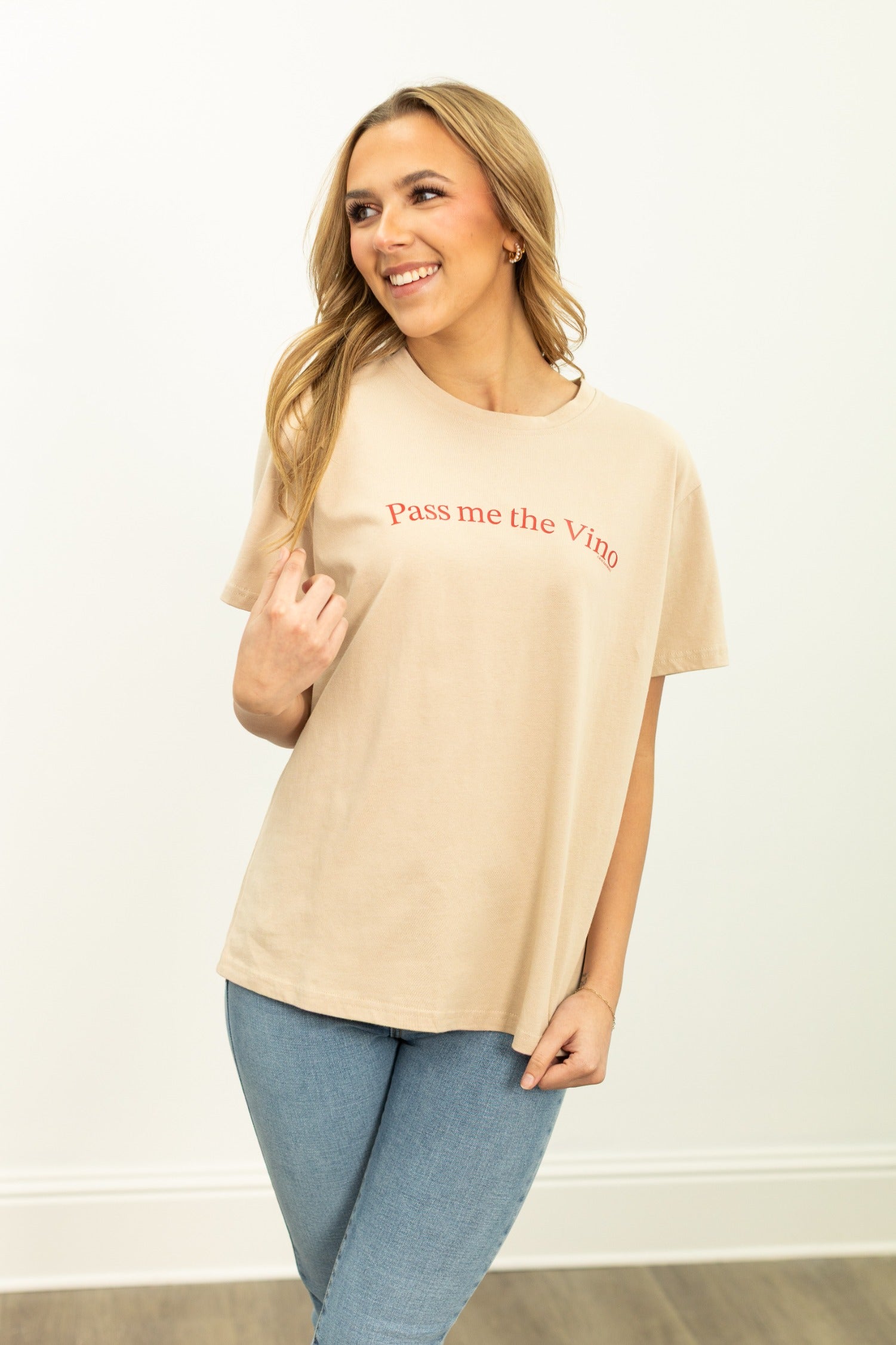 Vino on Beige Tee Shirt