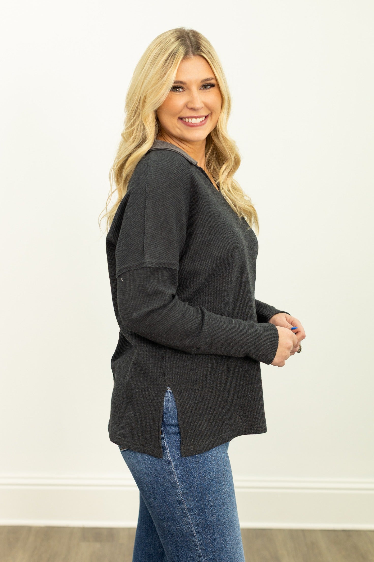 Waffle Knit Top, Black