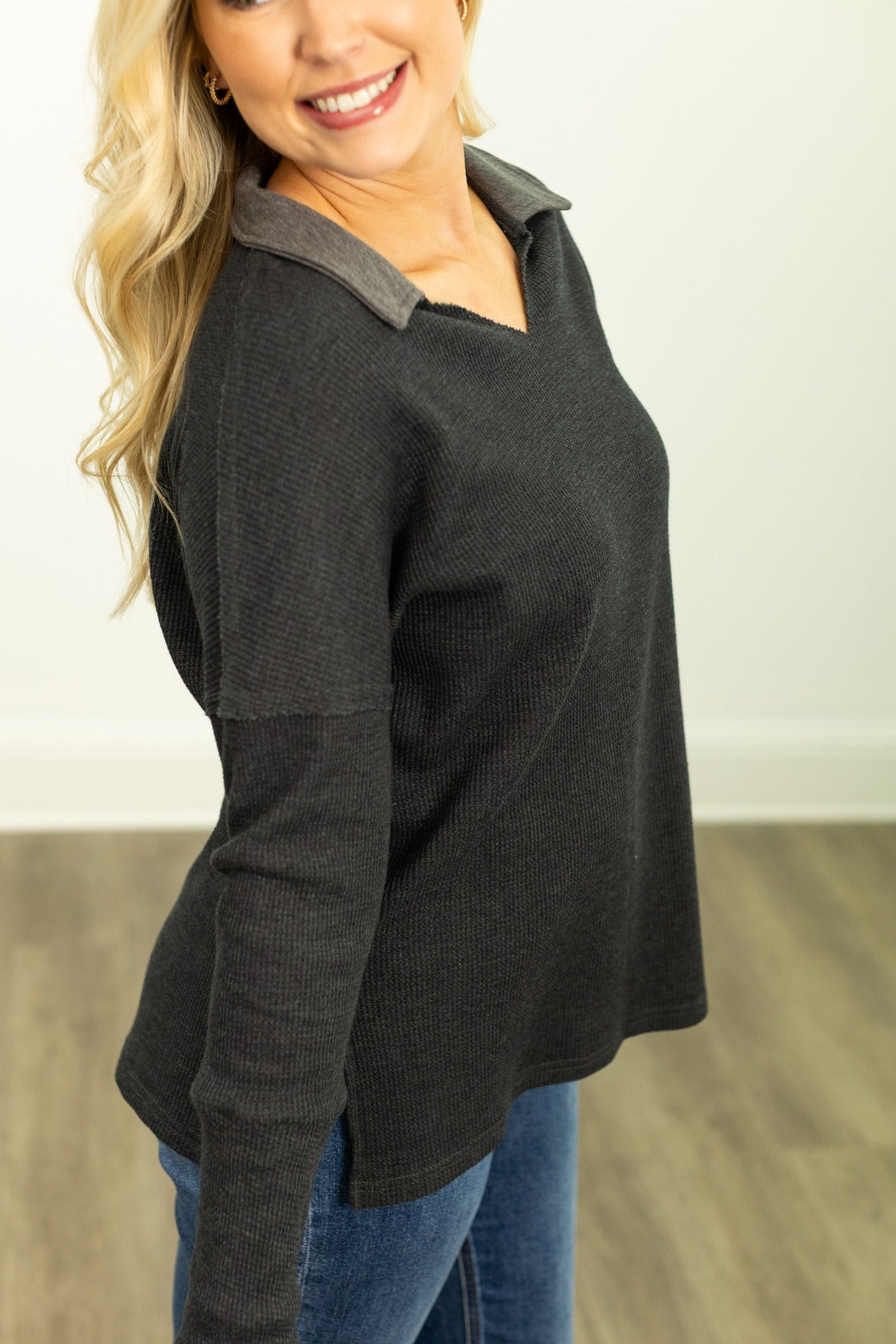 Waffle Knit Top, Black