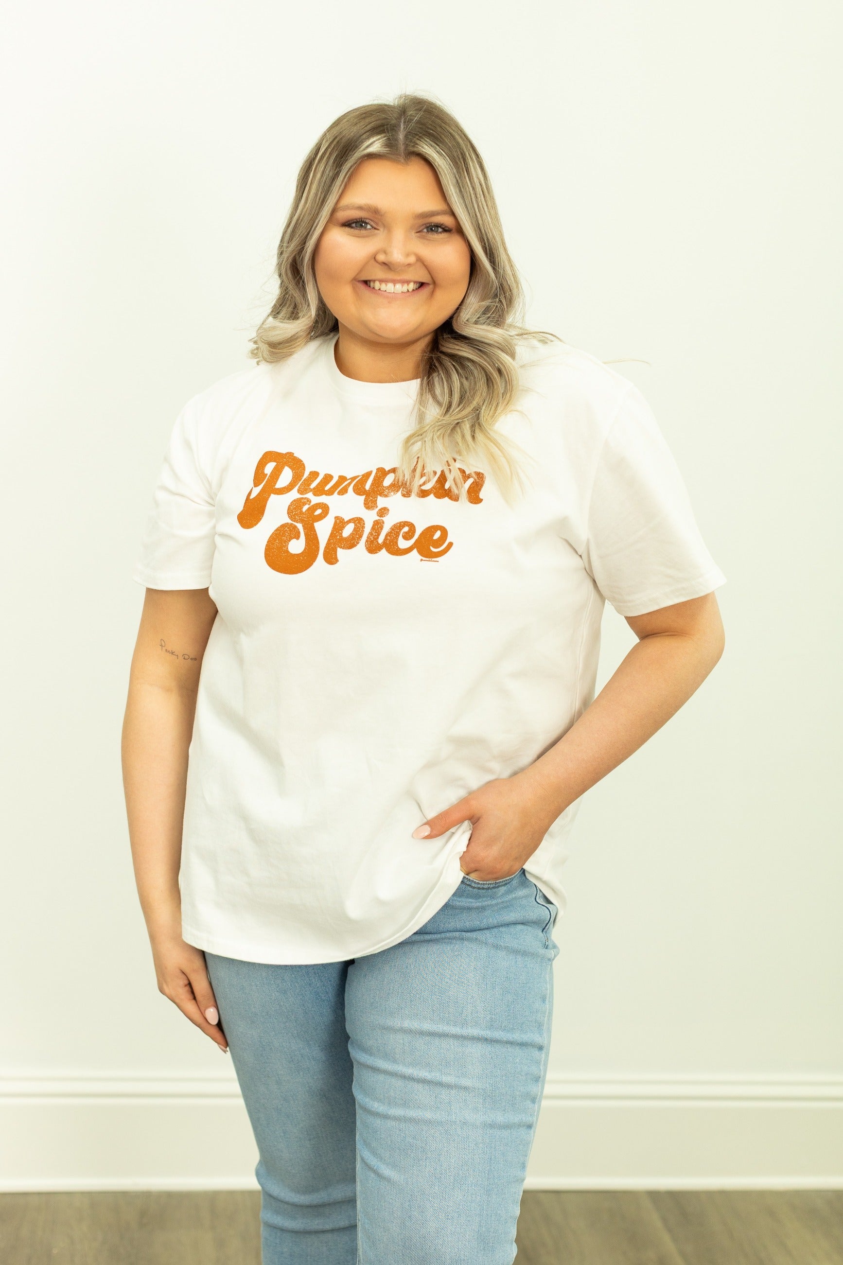 Pumpkin Spice on White Tee Shirt Blank