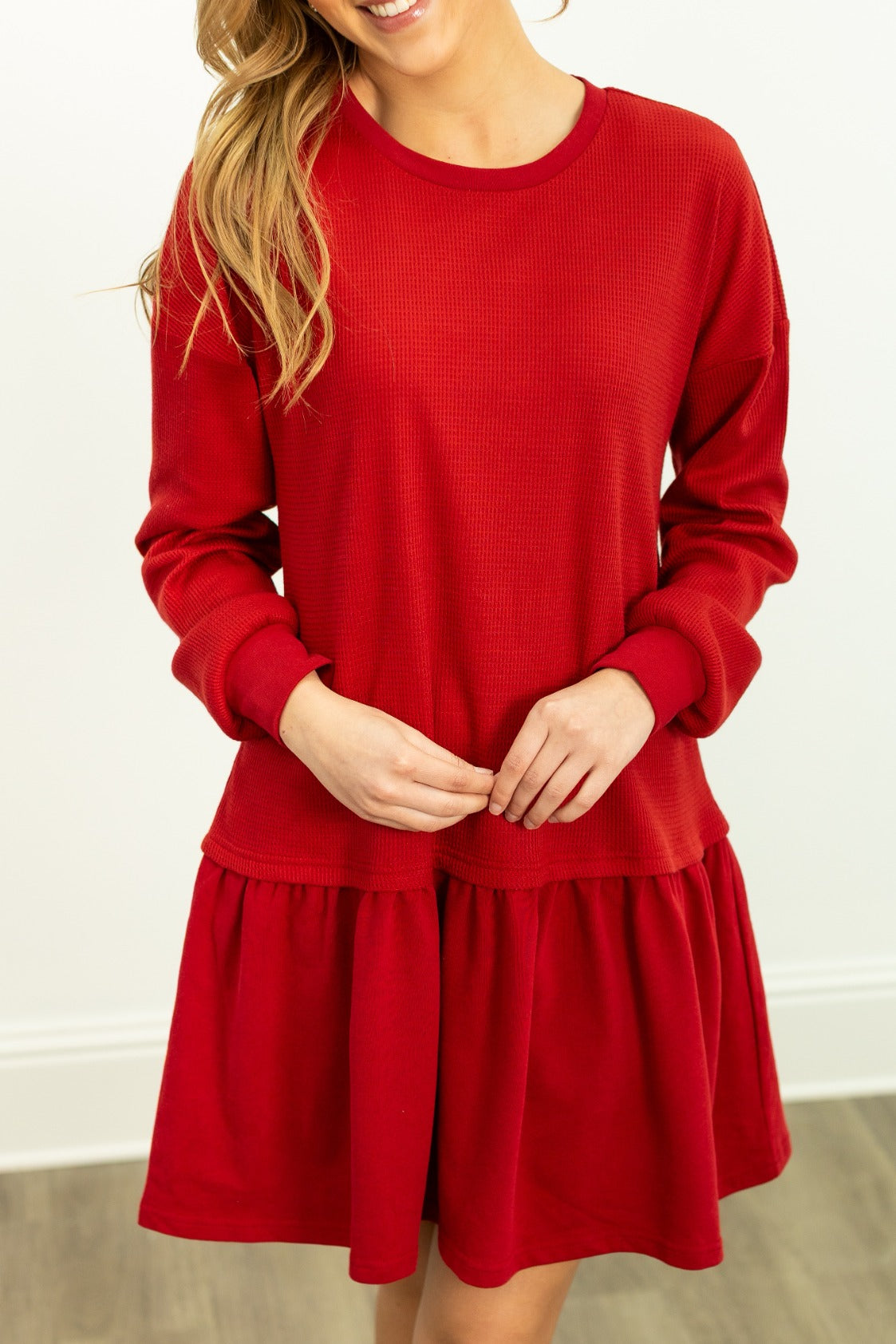 Waffle Knit Long-Sleeve Dress, Red Red / L Waffle Knit Long-Sleeve Dress, Red Red / L
