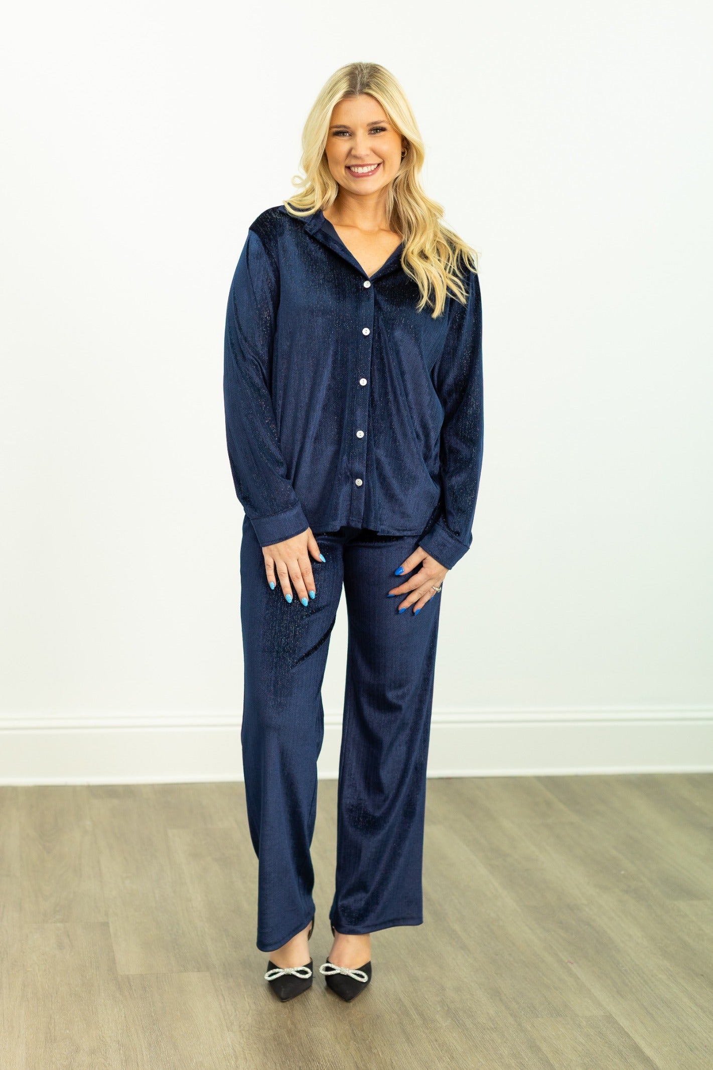 Velvet Straight-Leg Pants, Navy