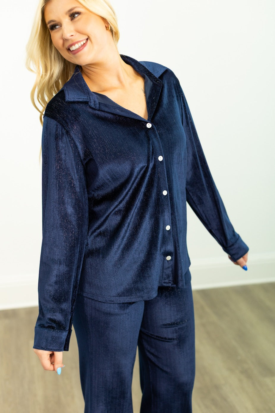 Velvet Button-Up Top, Navy
