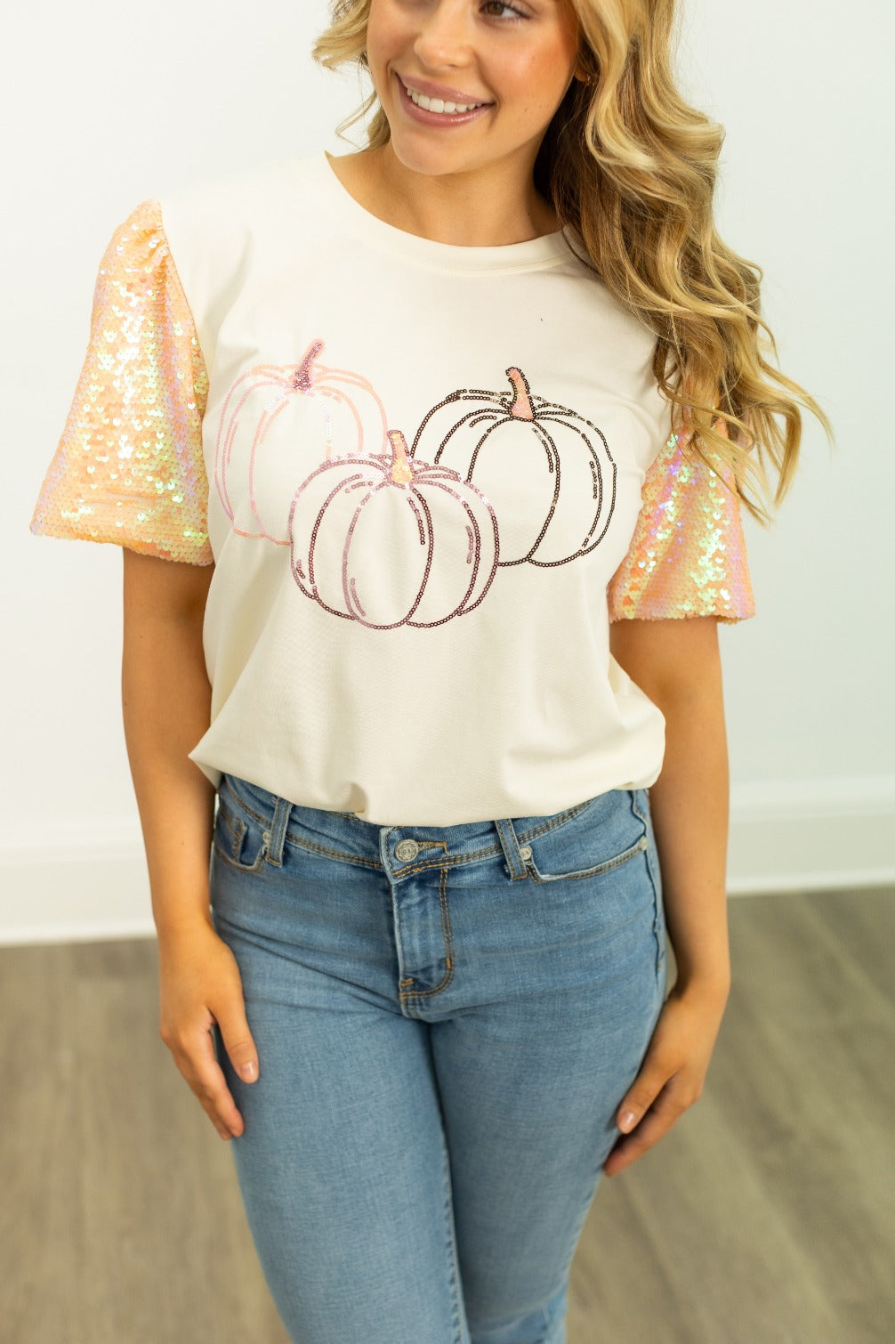 Trio Pumpkins on Princess Top, Cream