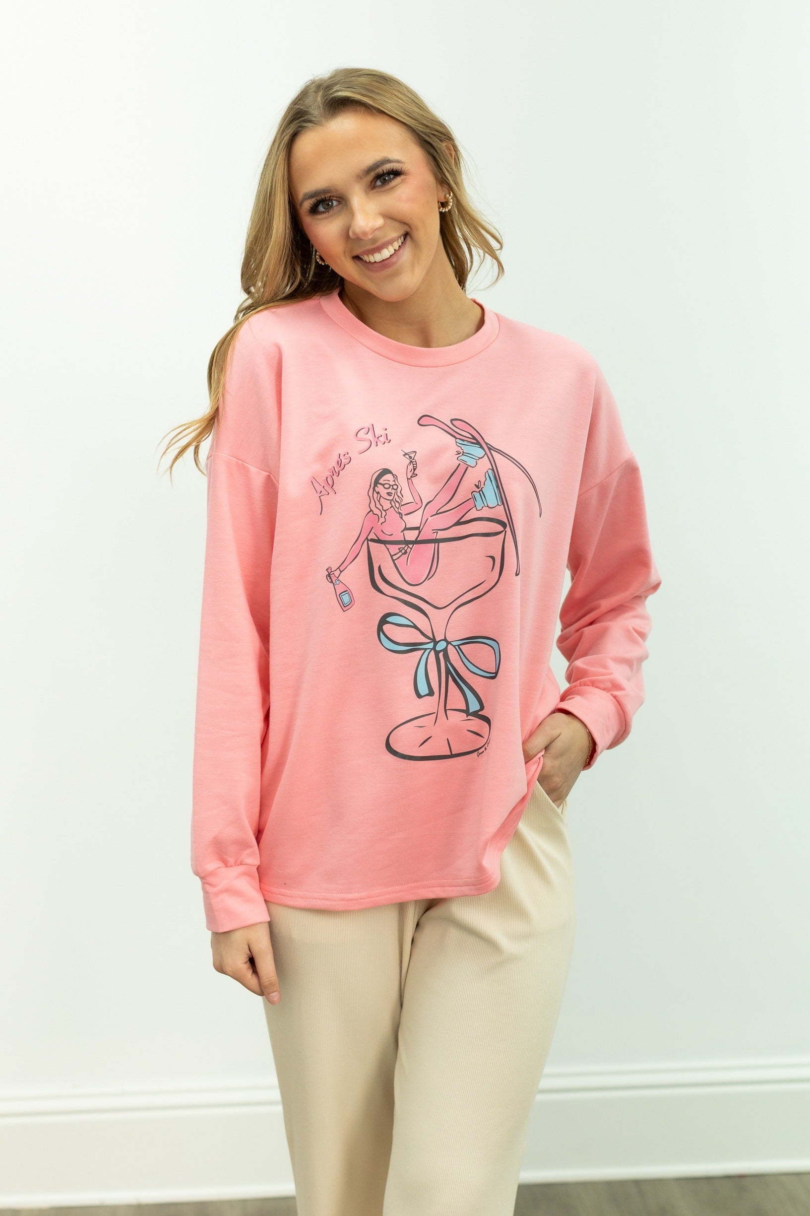 Apres Ski on Light Weight Sweatshirt, Pink