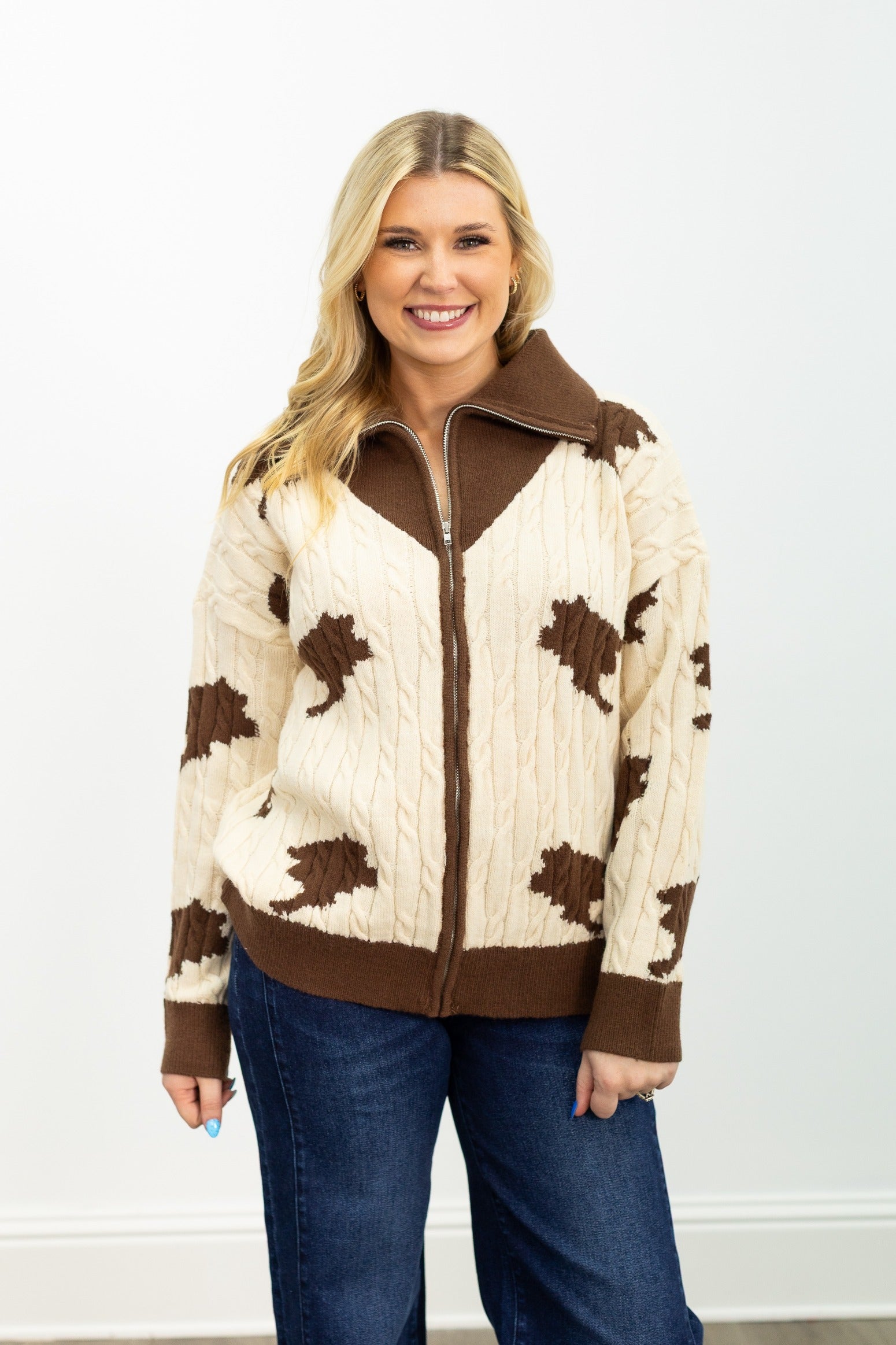 Zip Cow Print Sweater