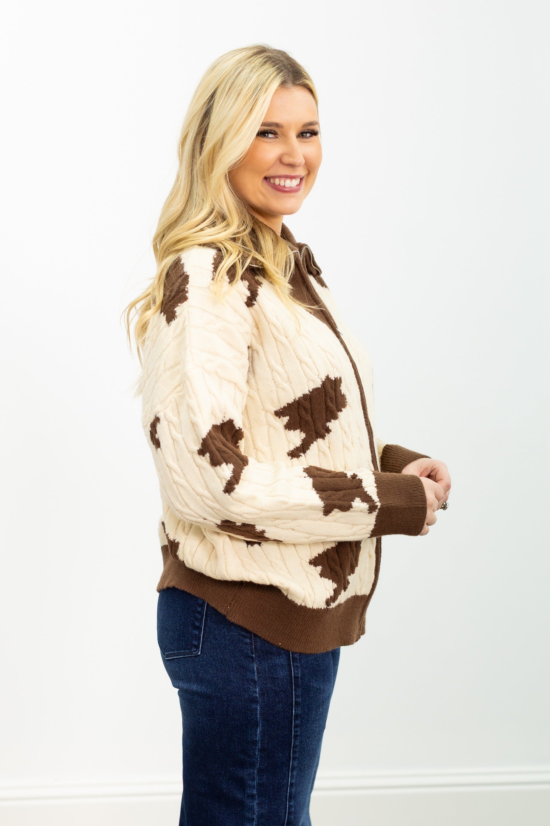 Zip Cow Print Sweater