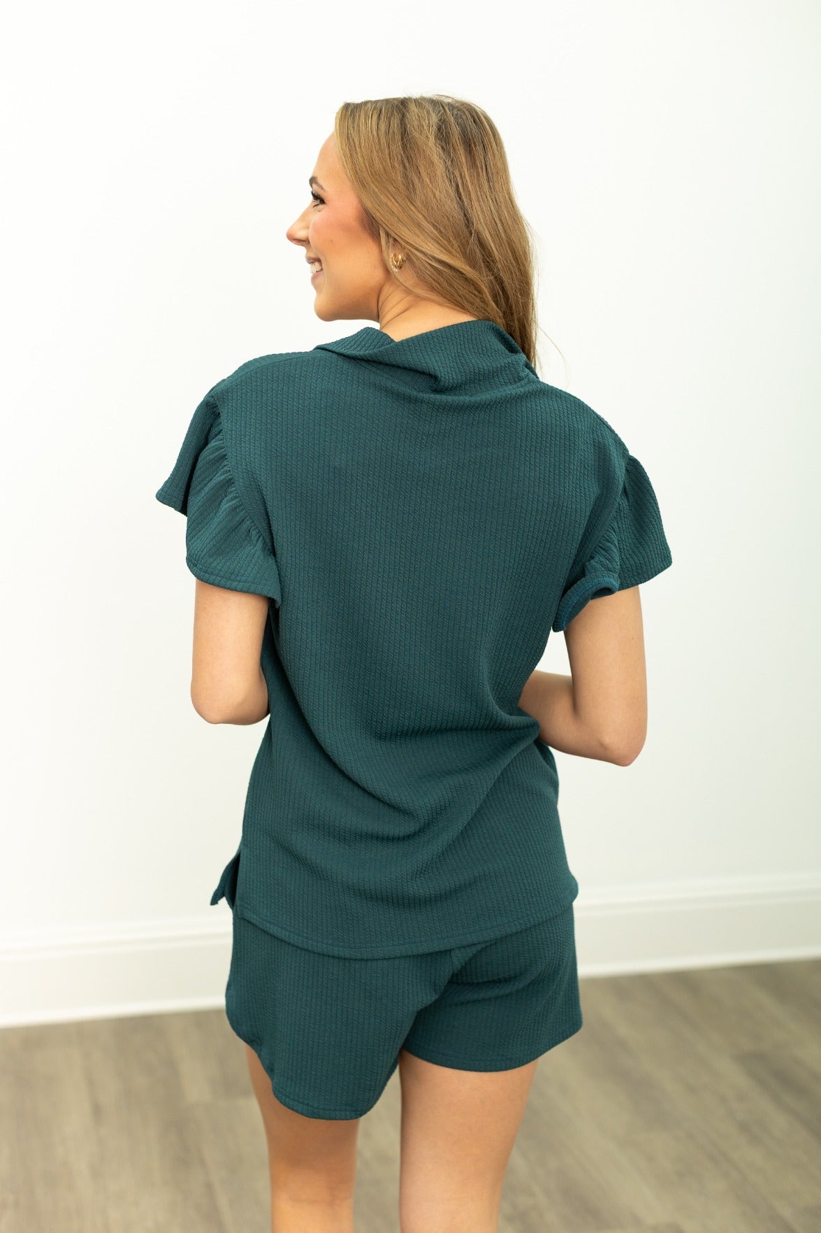 Forest Green Quarter Zip with Flutter Sleeves