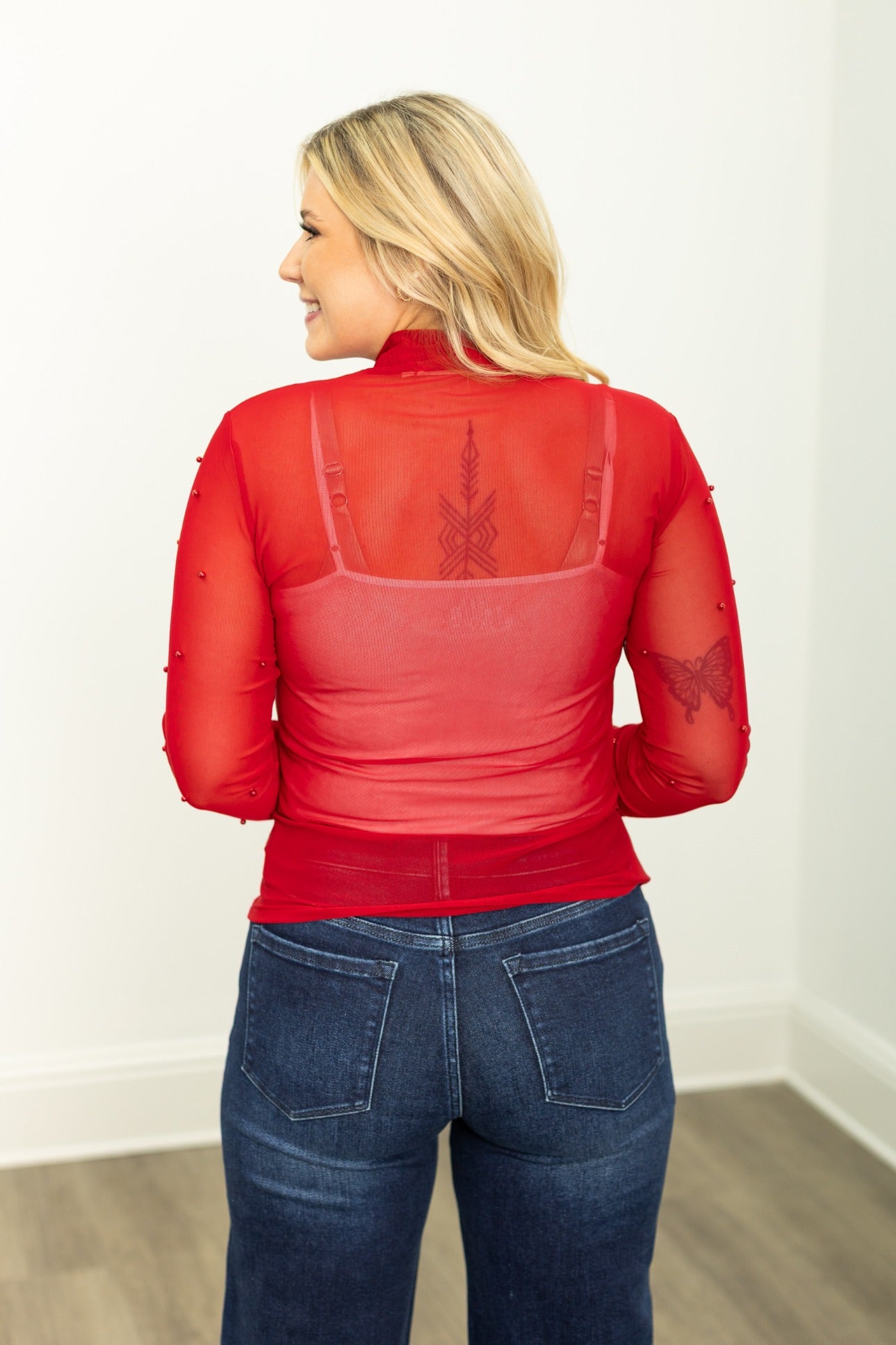 Mock Neck Mesh Top with Pearl Detail, Red