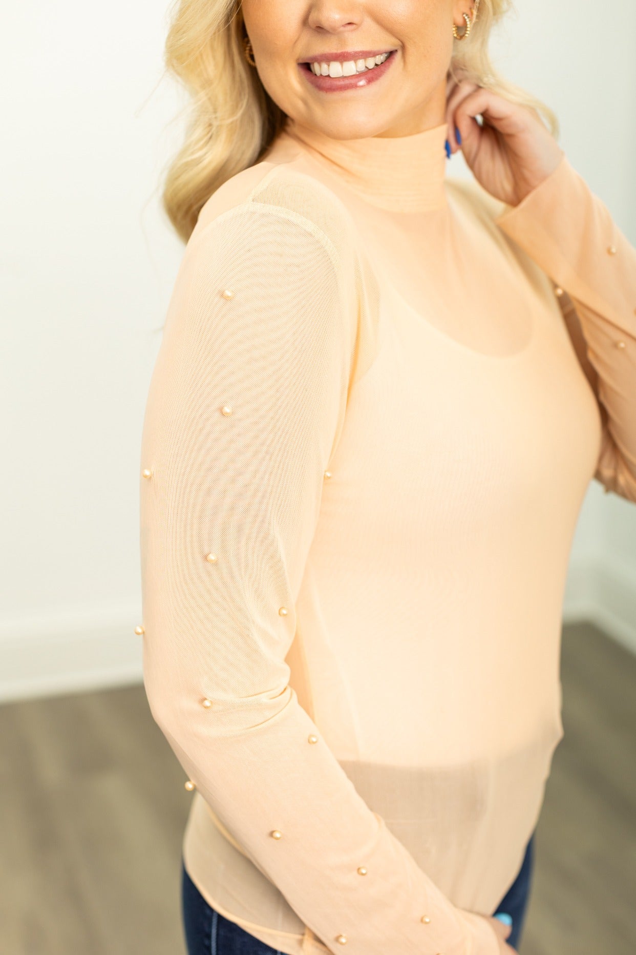 Mock Neck Mesh Top with Pearl Detail, Champagne