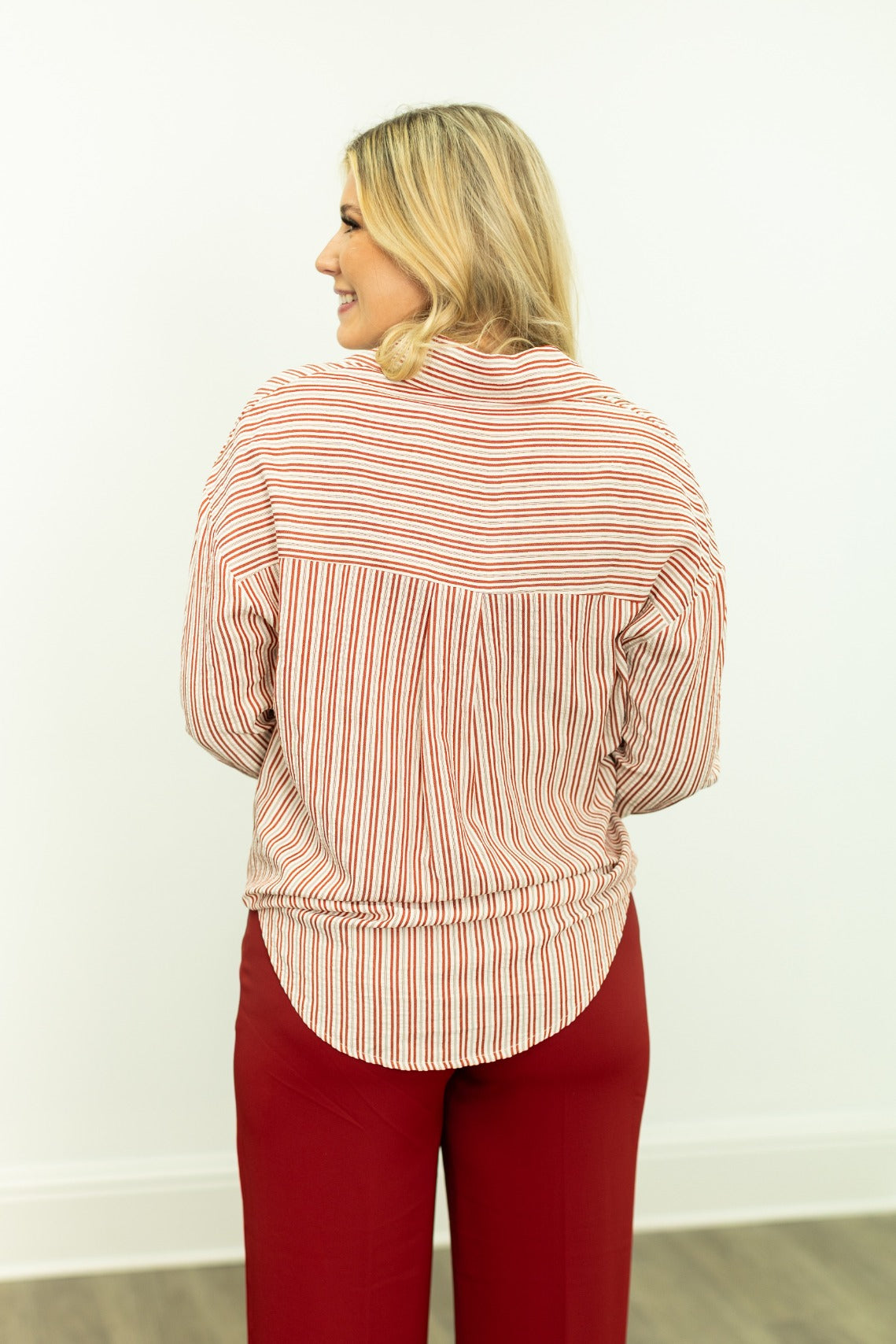 Kathryn Classic Button-Up, Red Stripes
