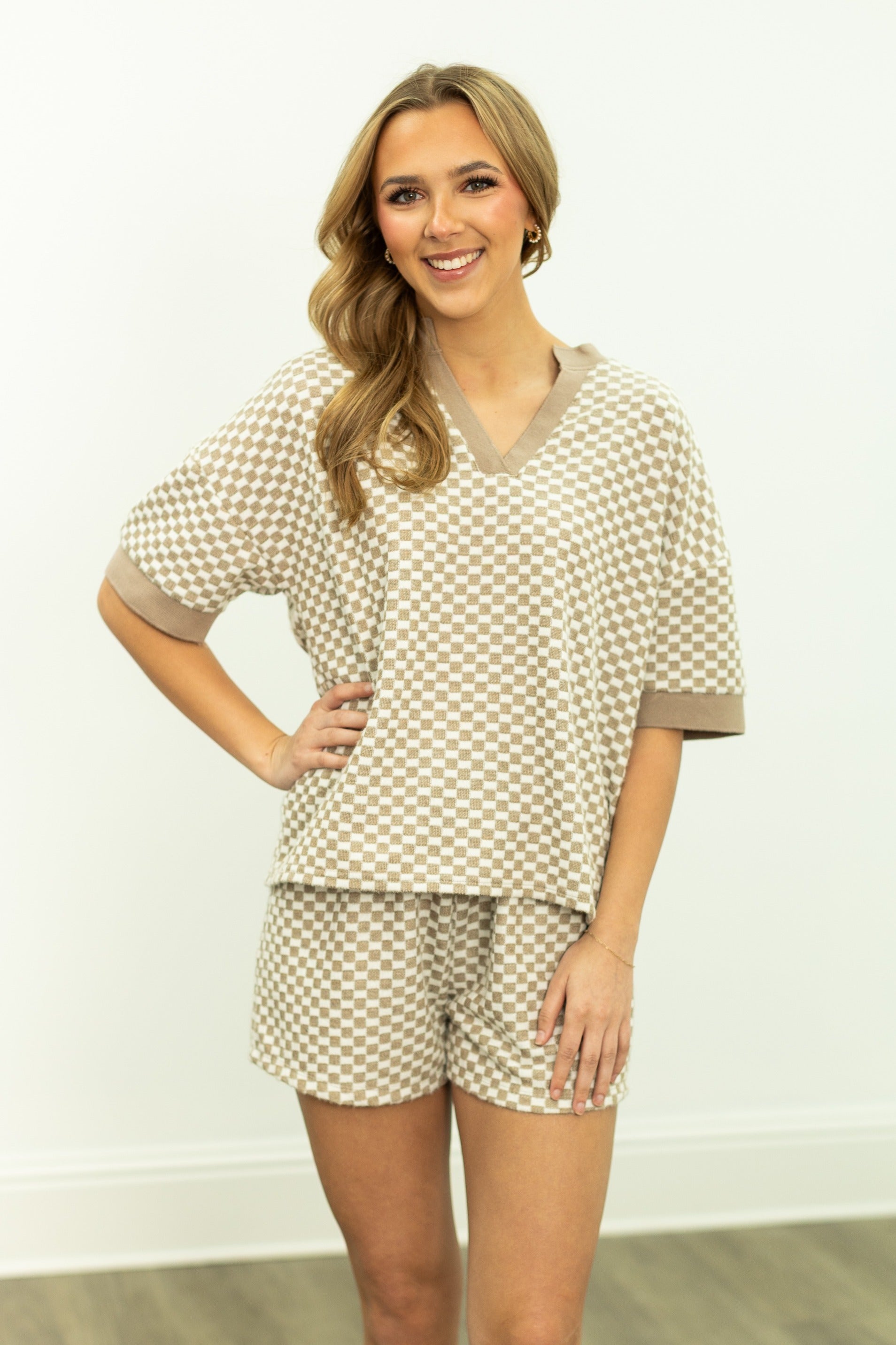 Checkerboard Knit Top, Beige