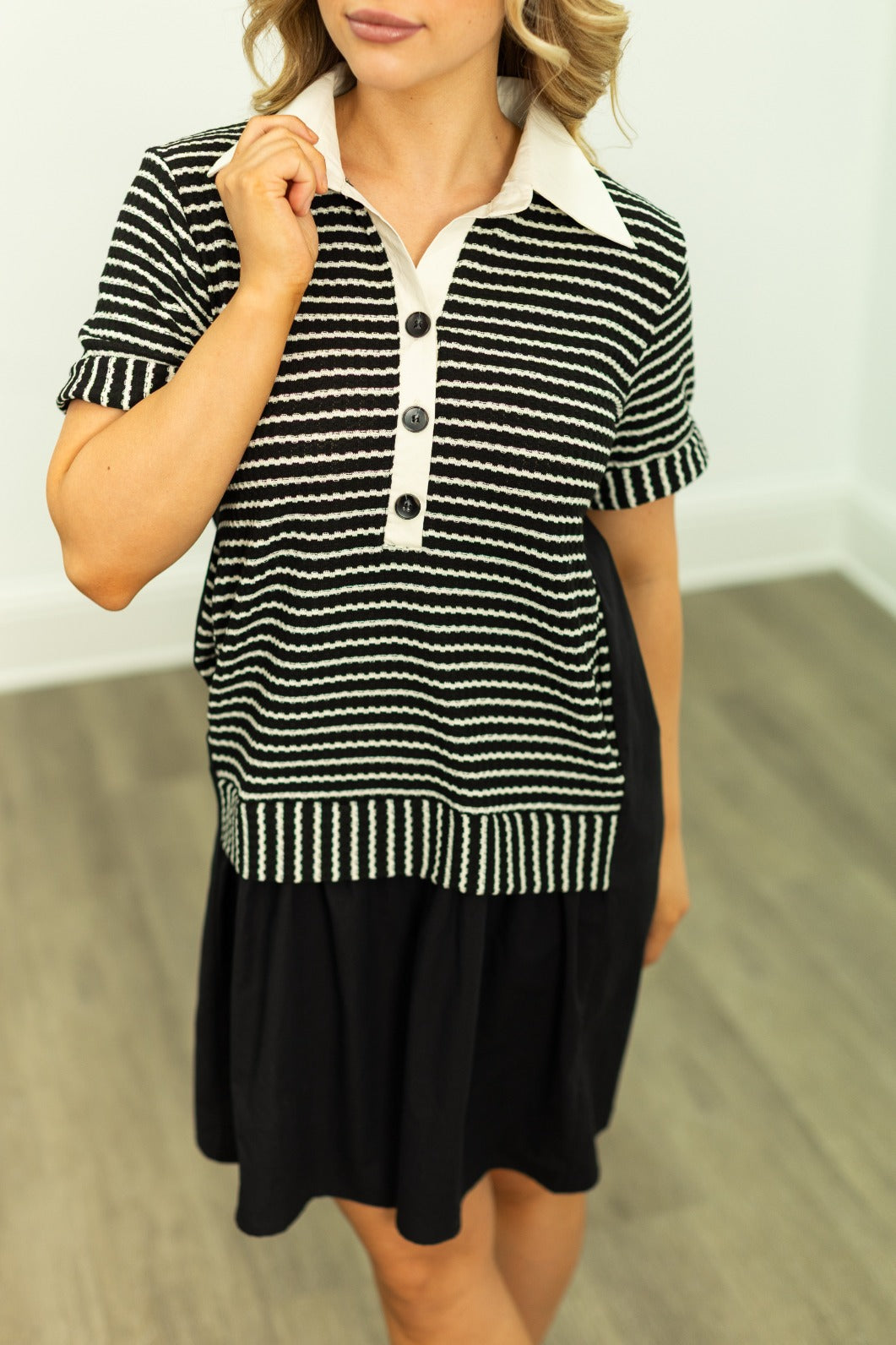 Striped Knit Top with Attached Skirt, Black