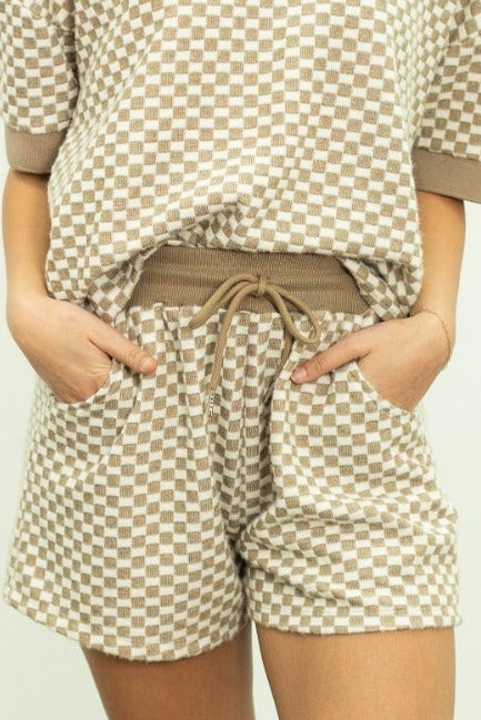 Checkerboard Knit Shorts, Beige