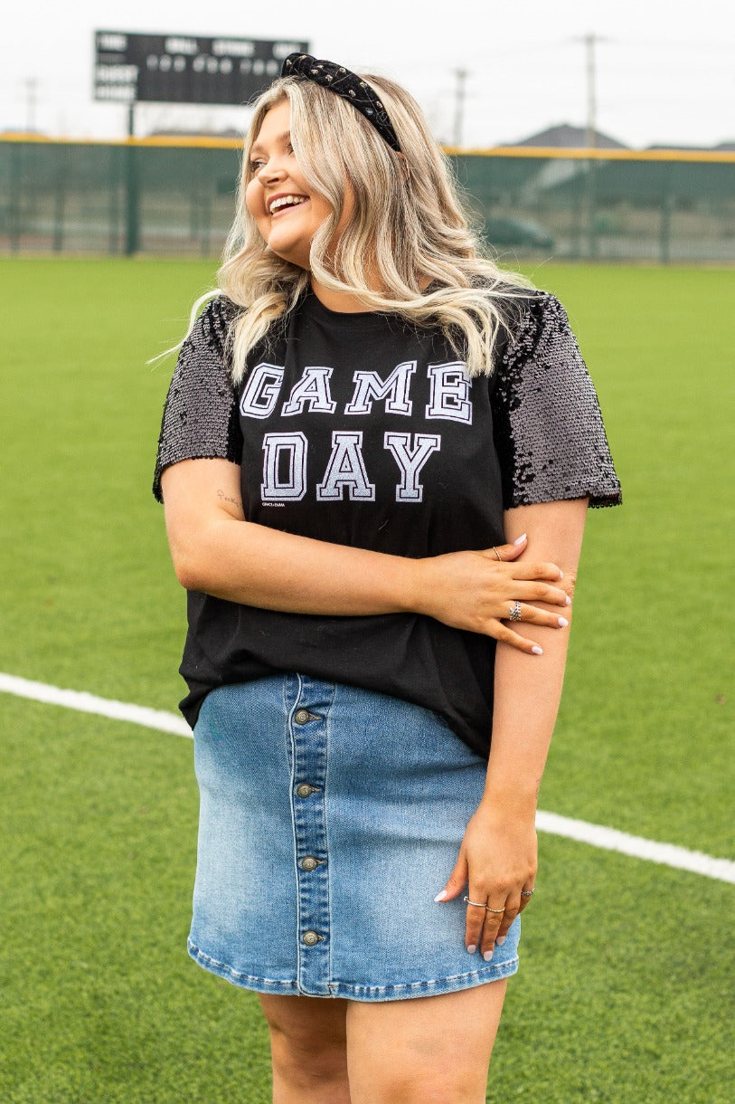 Gameday Silver Glitter on Princess Top, Black