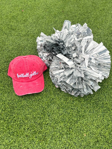 White Football Y'all Embroidery on Bright Red Hat