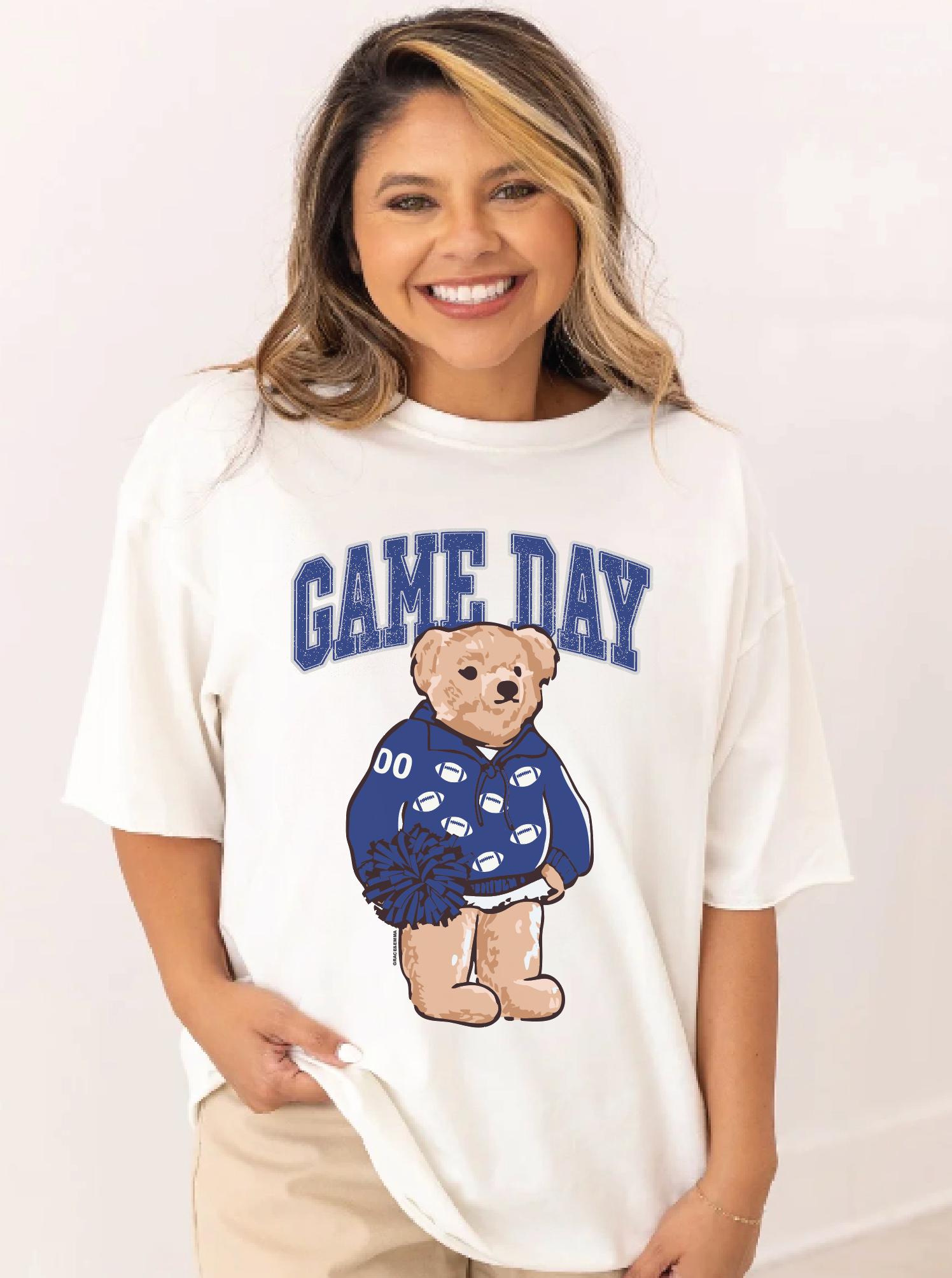 Blue Game Day Bear on White Tee Shirt