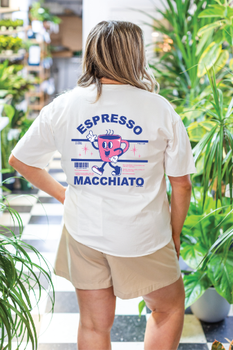 Espresso Macchiato on White Tee Shirt