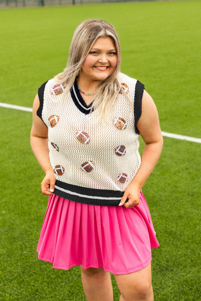 Glitter Football Patches Knit White Vest