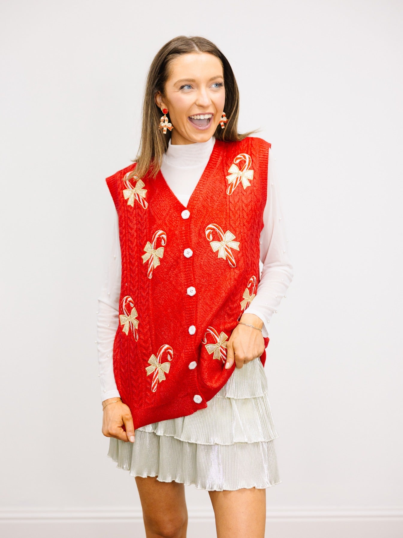Red Shimmer Sweater Vest with Candy Cane Patches