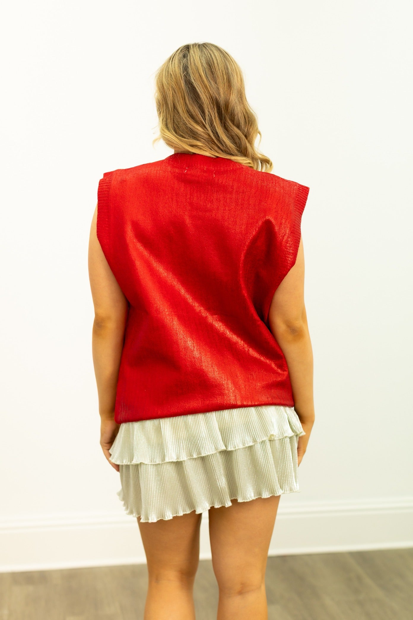 Red Shimmer Sweater Vest with Candy Cane Patches
