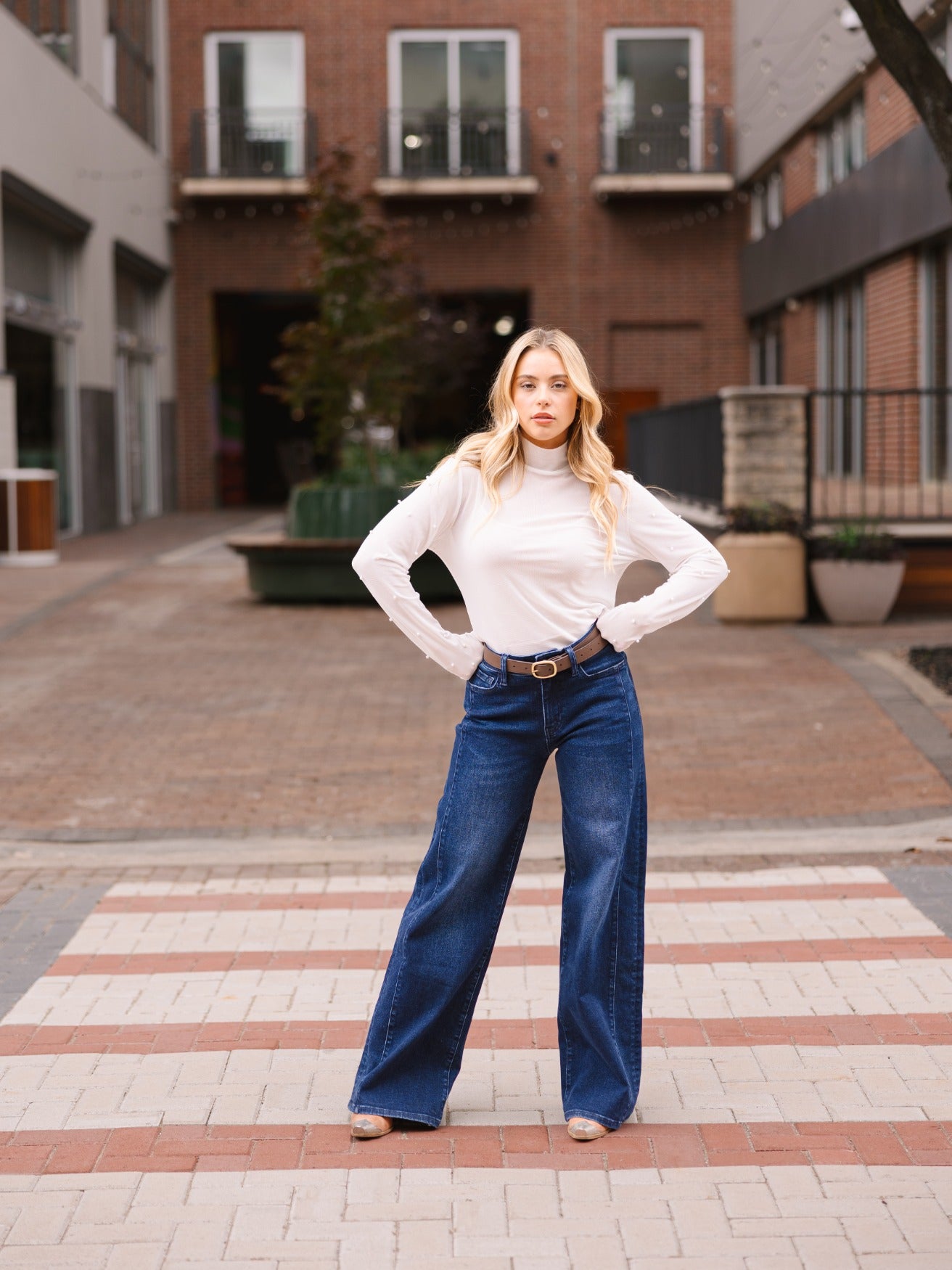 Mock Neck Mesh Top with Pearl Detail, White