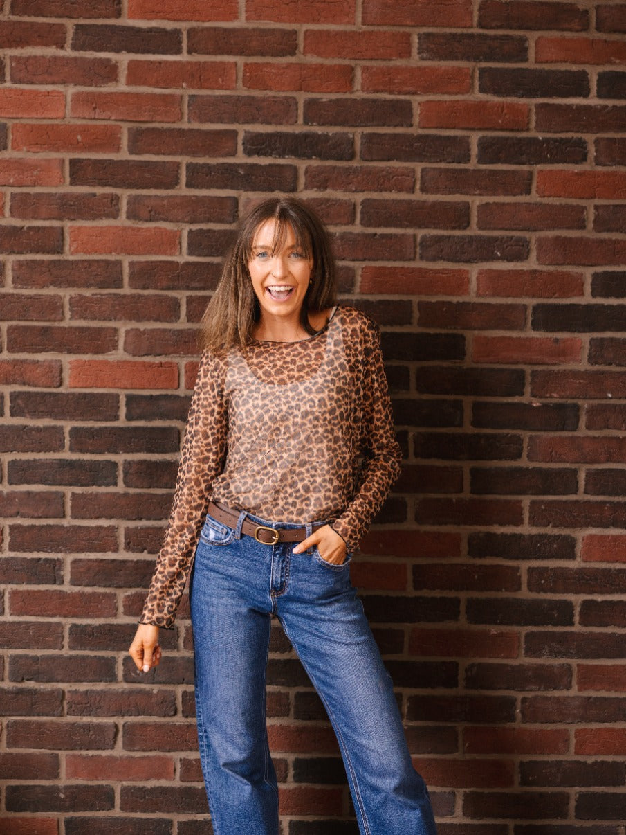 Mesh Long-sleeve Top, Leopard