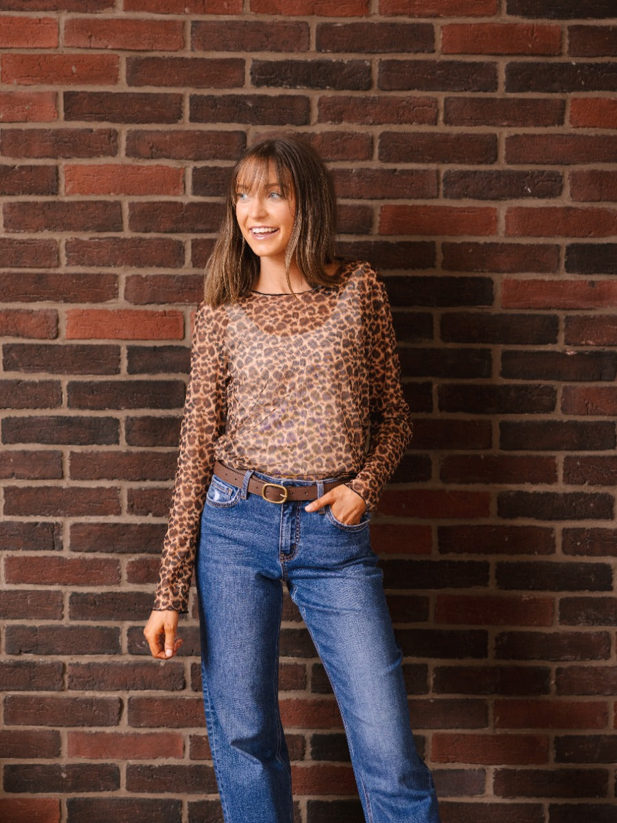 Mesh Long-sleeve Top, Leopard