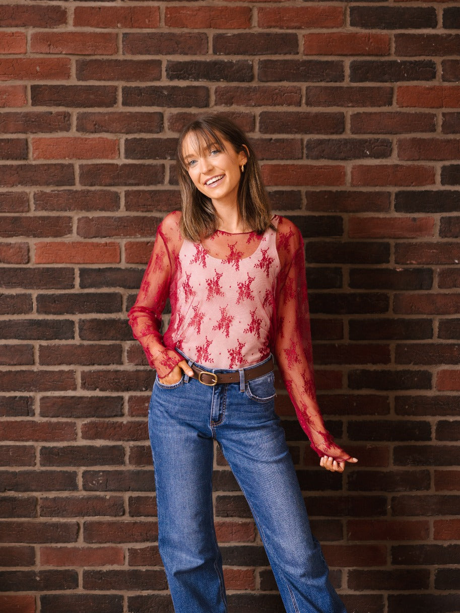 Lace Long-sleeve Top, Red