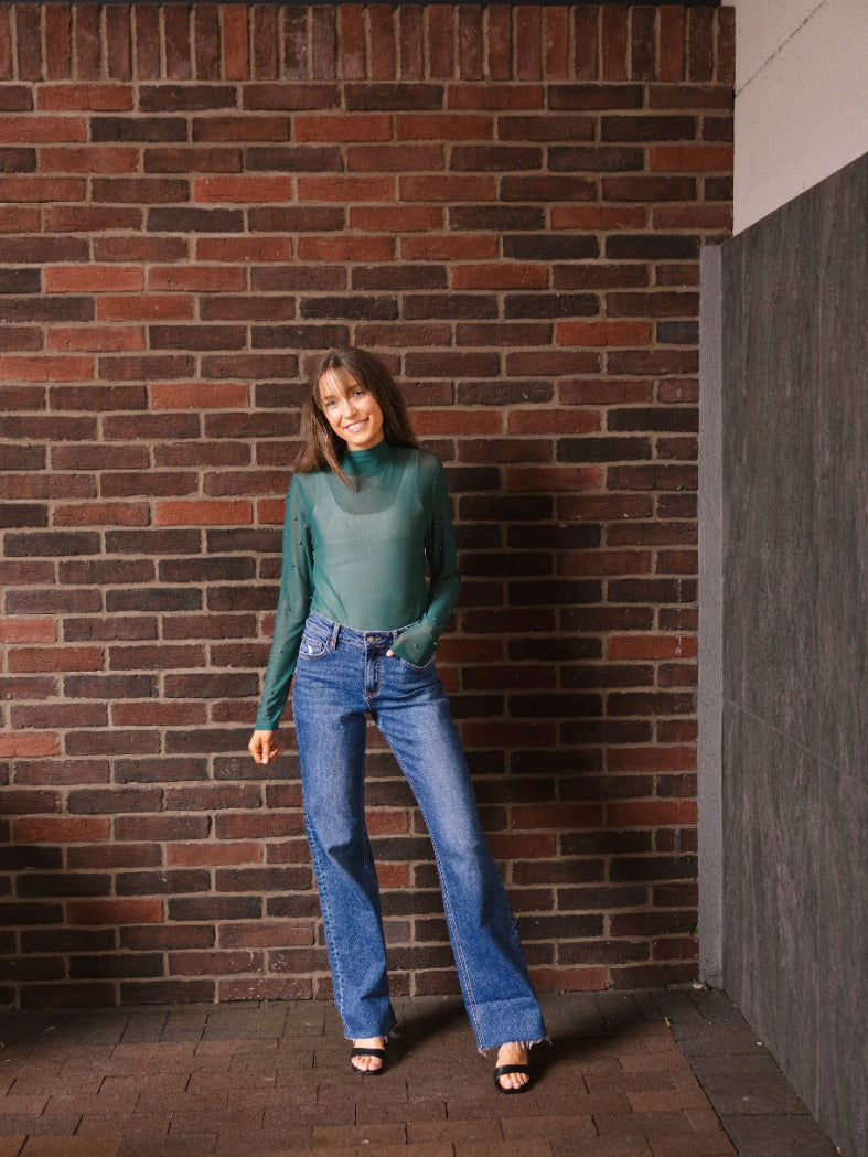 Mock Neck Mesh Top with Pearl Detail, Green