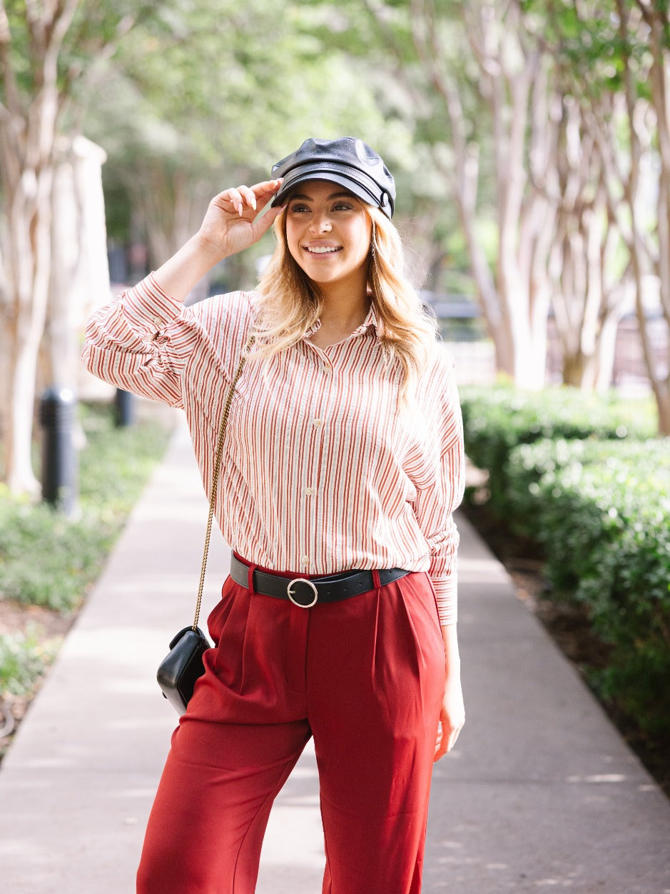 Kathryn Classic Button-Up, Red Stripes