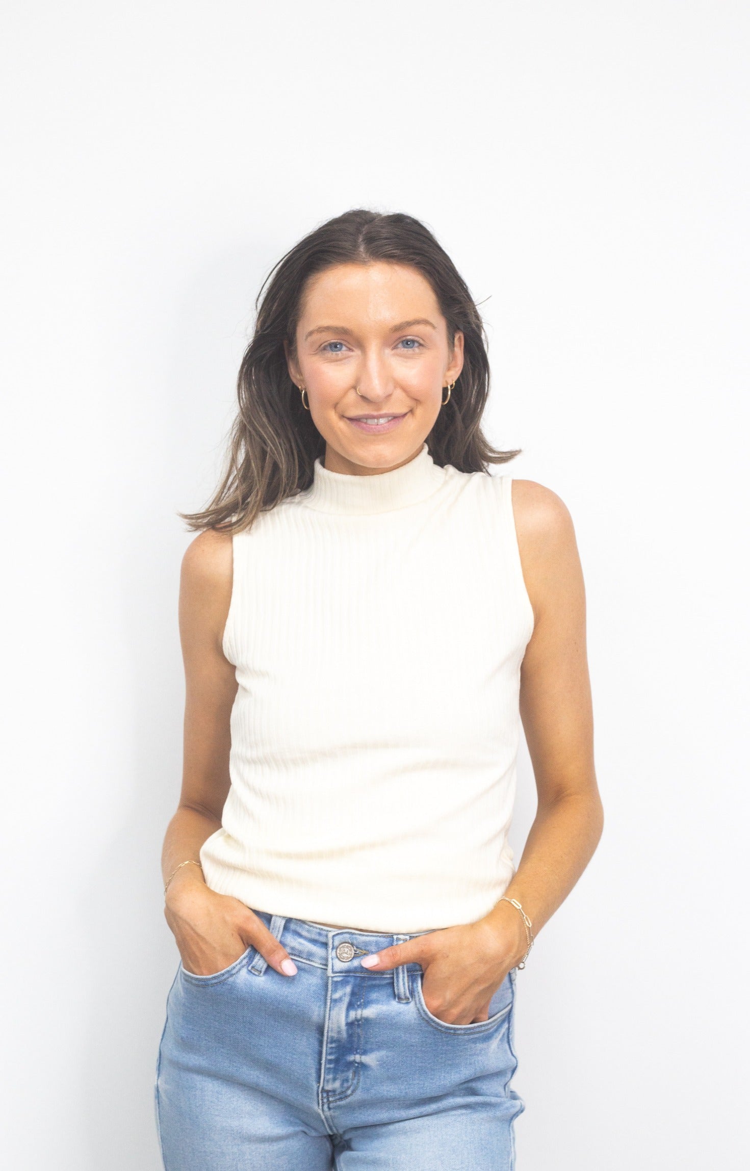 Sleeveless Ribbed Turtleneck, Ivory