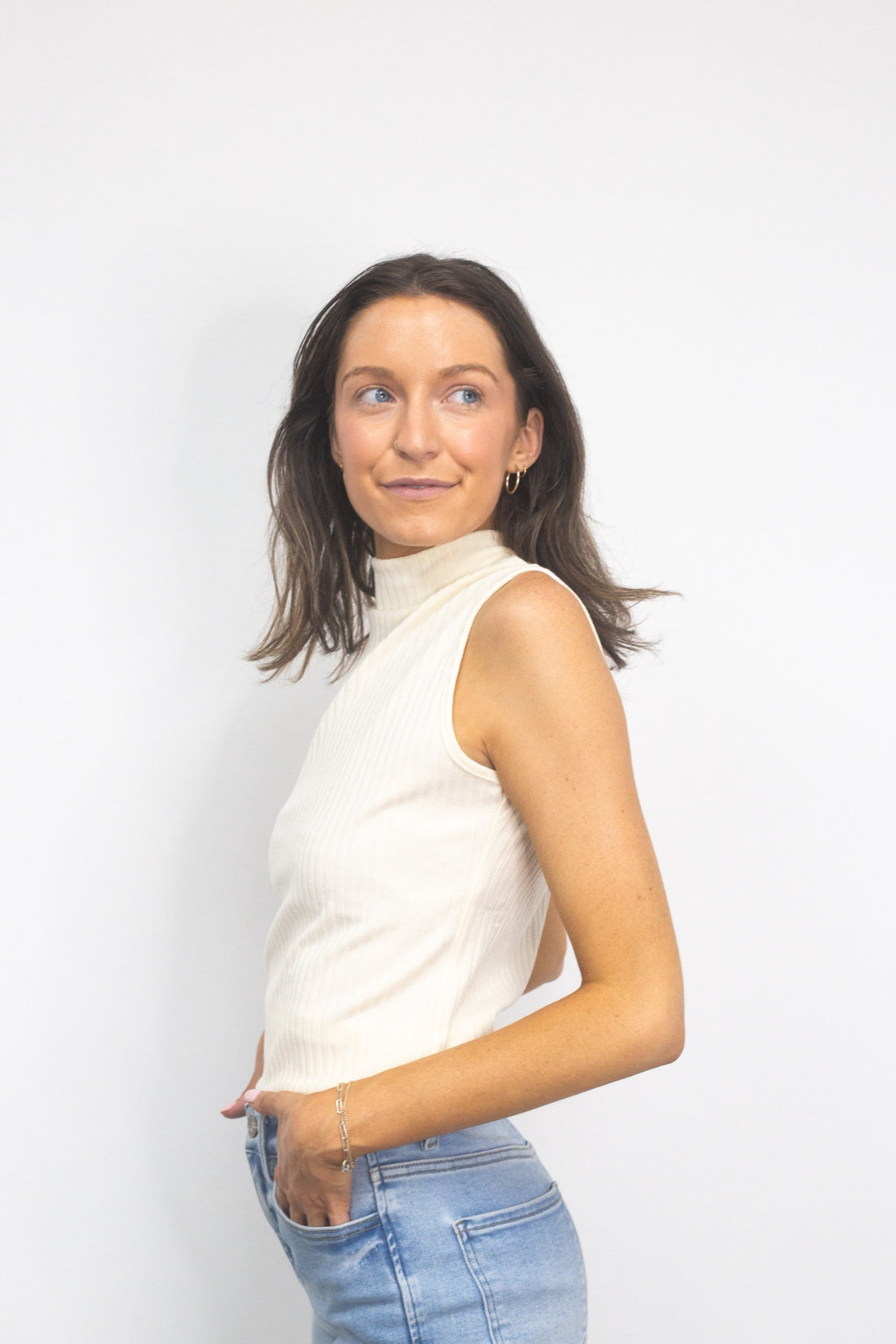 Sleeveless Ribbed Turtleneck, Ivory