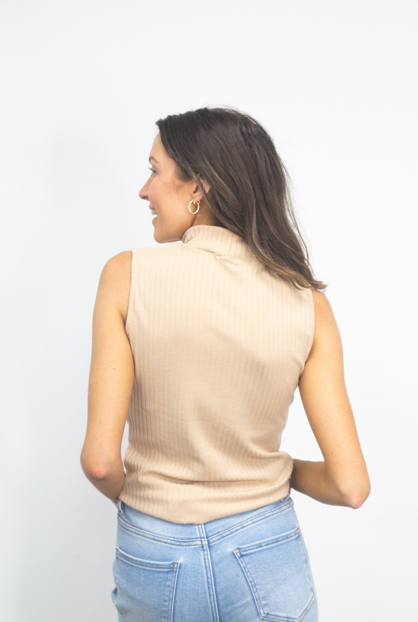 Sleeveless Ribbed Turtleneck, Tan