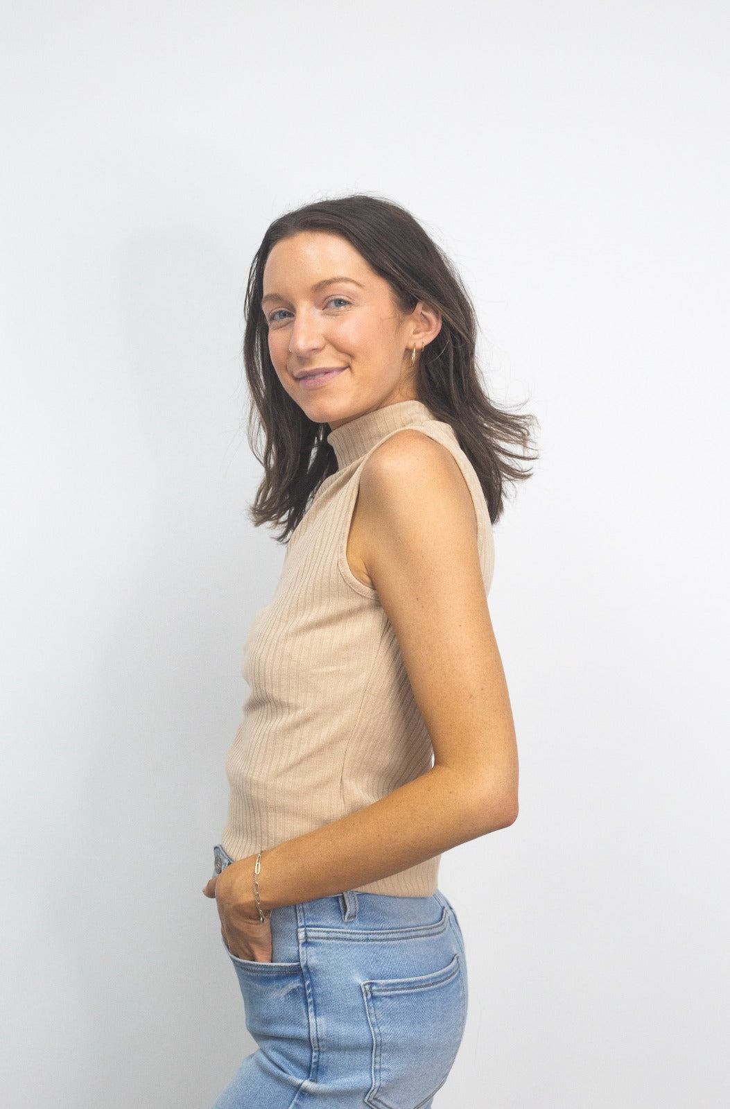 Sleeveless Ribbed Turtleneck, Tan