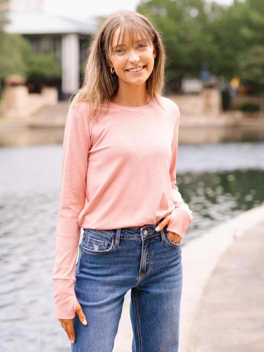 Ribbed Long-Sleeve Top, Blush Pink