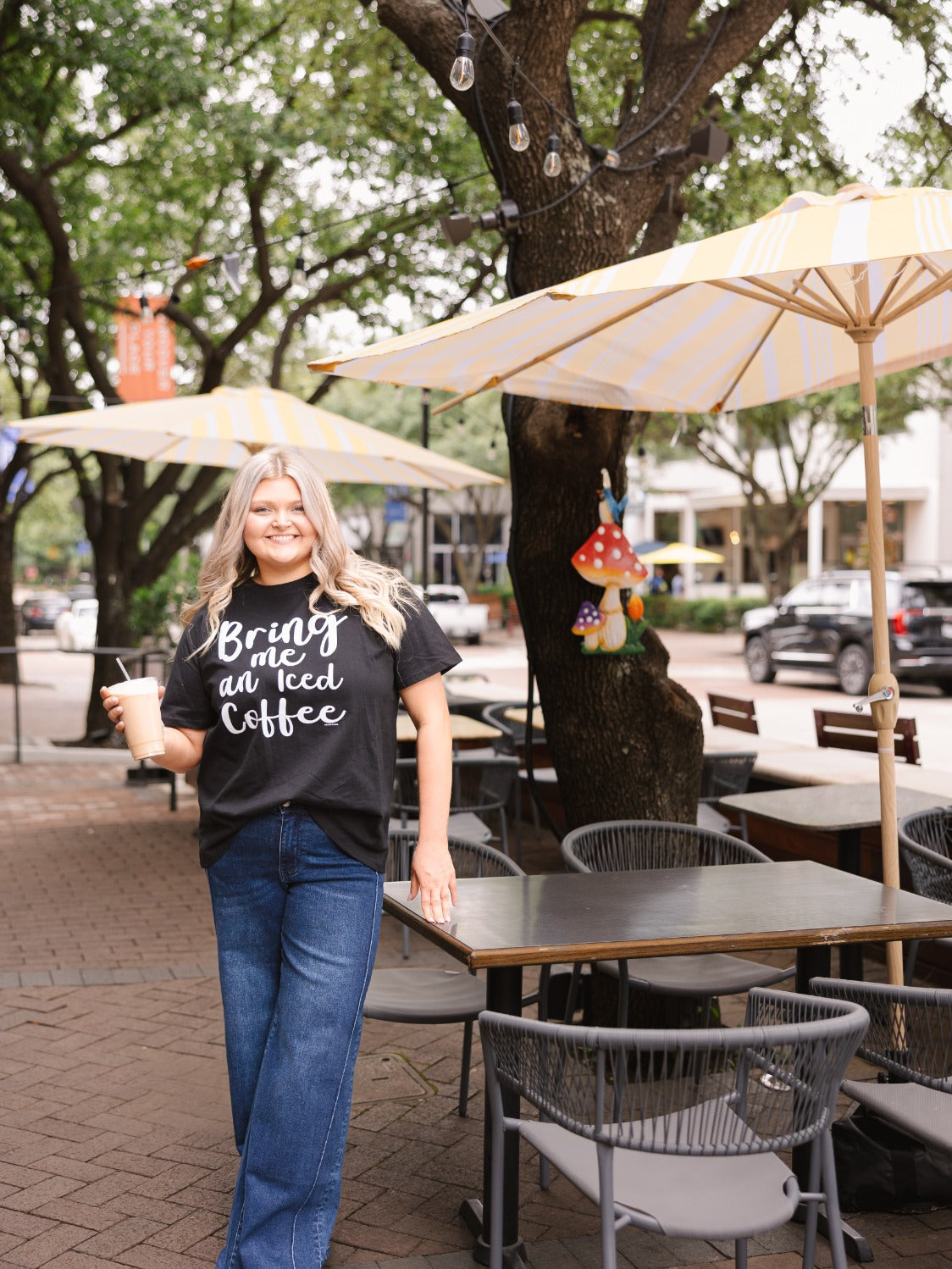 Bring Me an Iced Coffee on Black Tee Shirt Blank