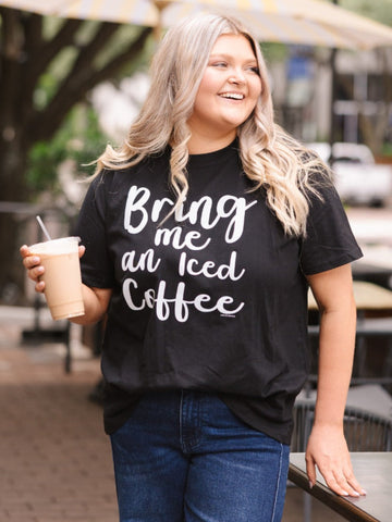 Bring Me an Iced Coffee on Black Tee Shirt Blank
