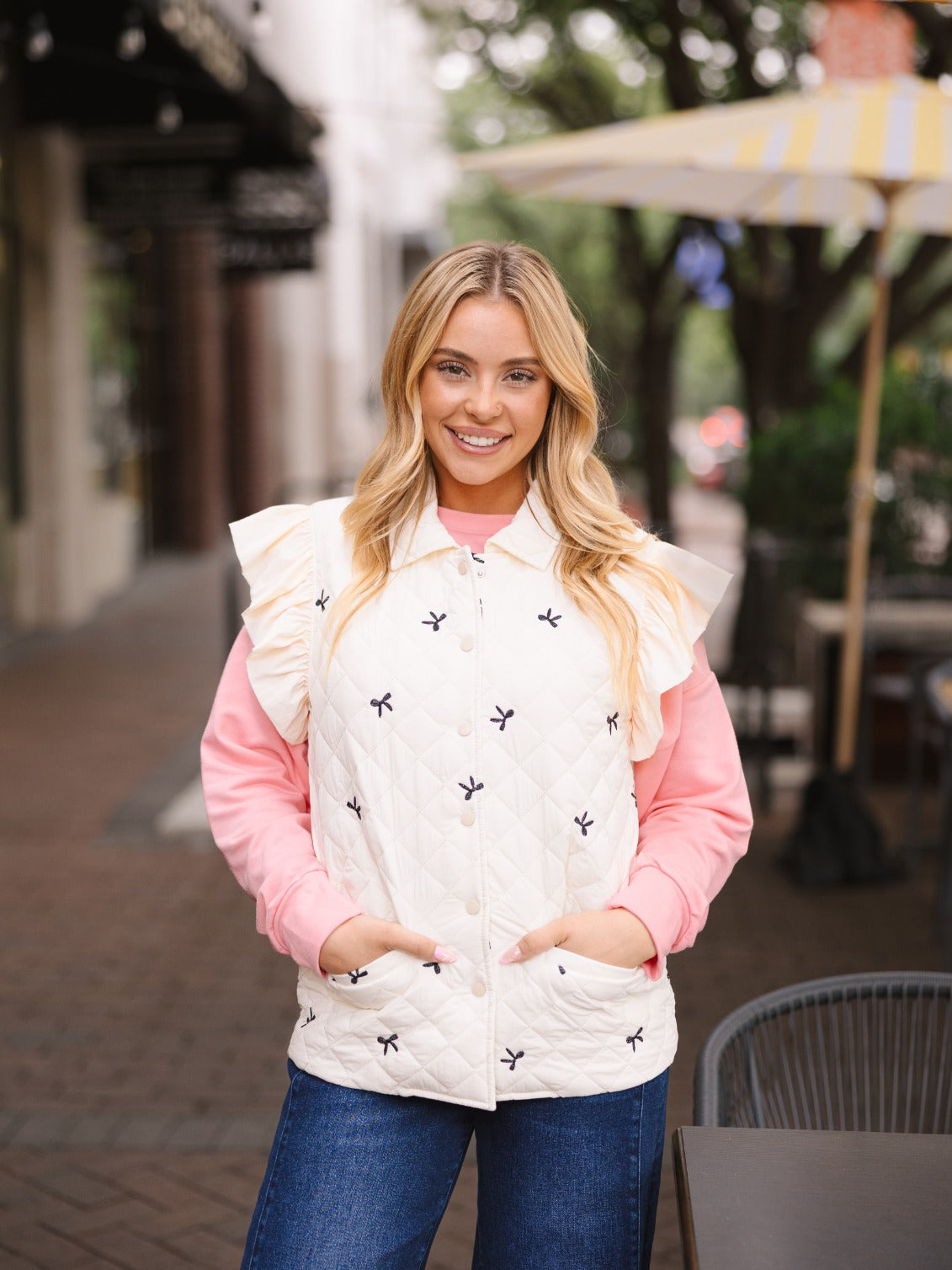 Quilted Puffer Vest with Bows, Ivory - front view