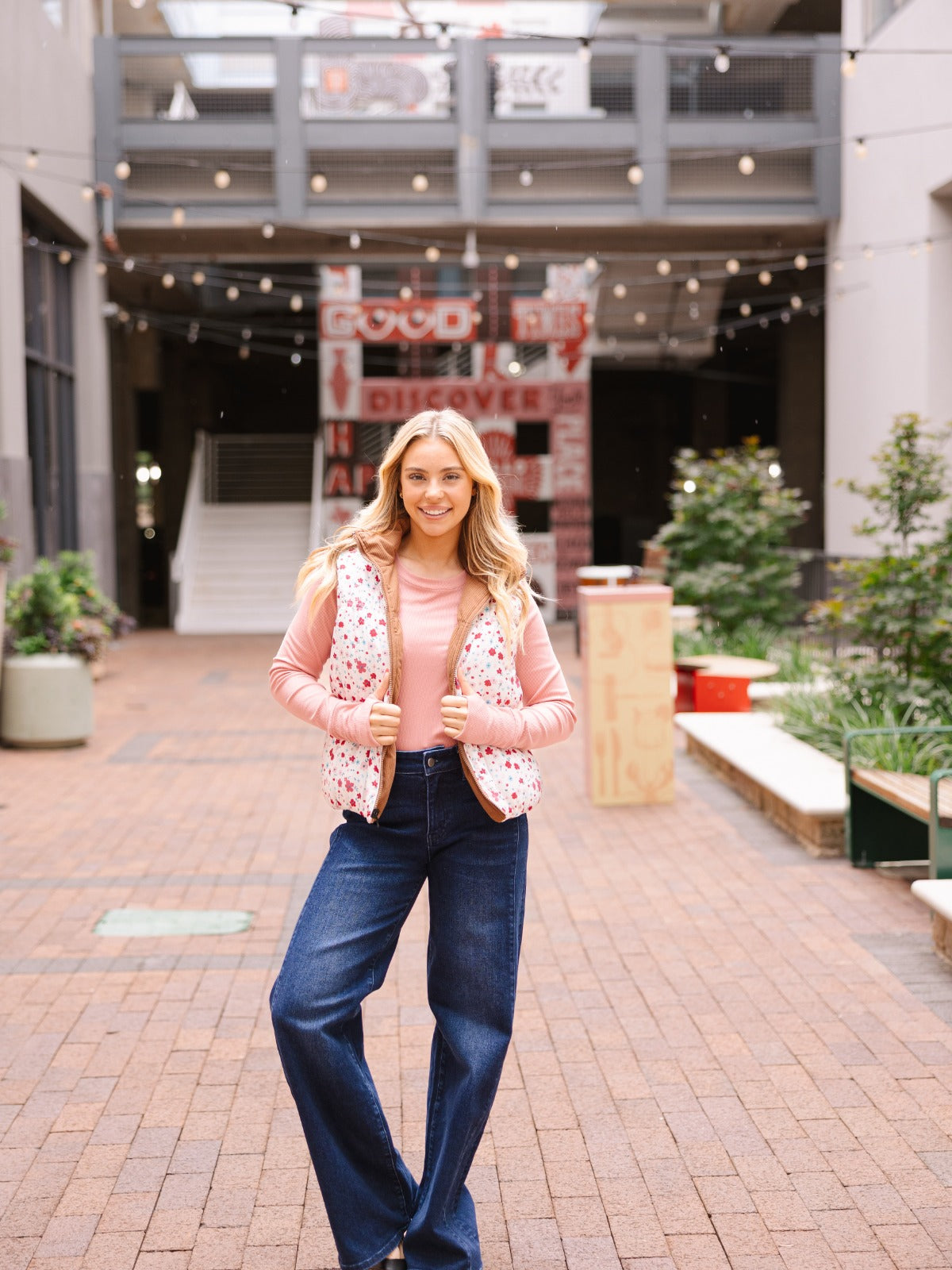 The Gillian Reversible Tan and Floral Puffer Vest