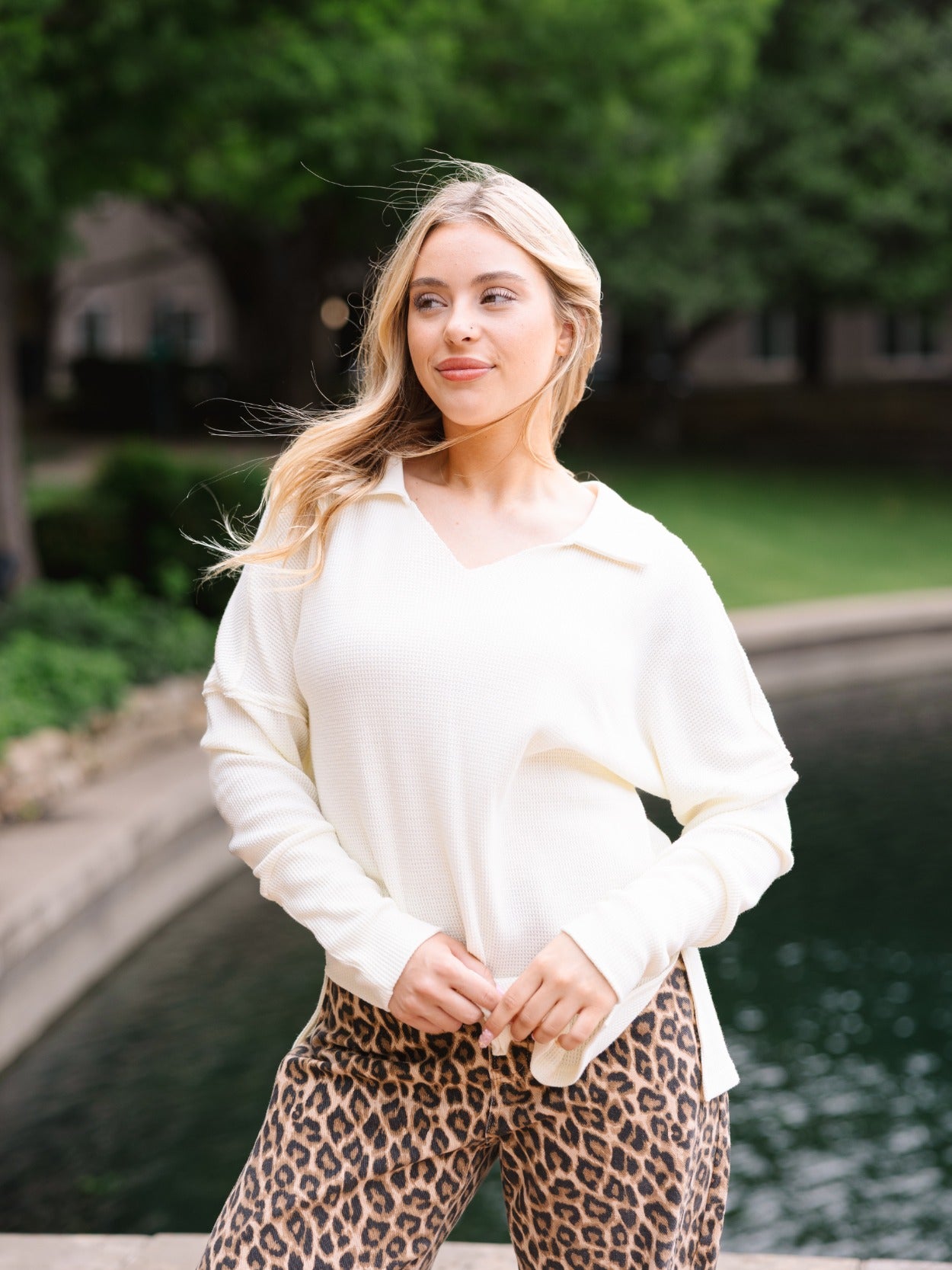 Waffle Knit Top, Ivory