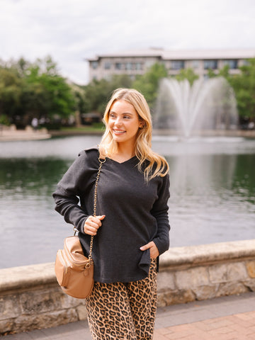 Waffle Knit Top, Black