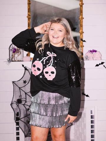 Cherry Skull on Light Weight Sequins Sweatshirt, Black