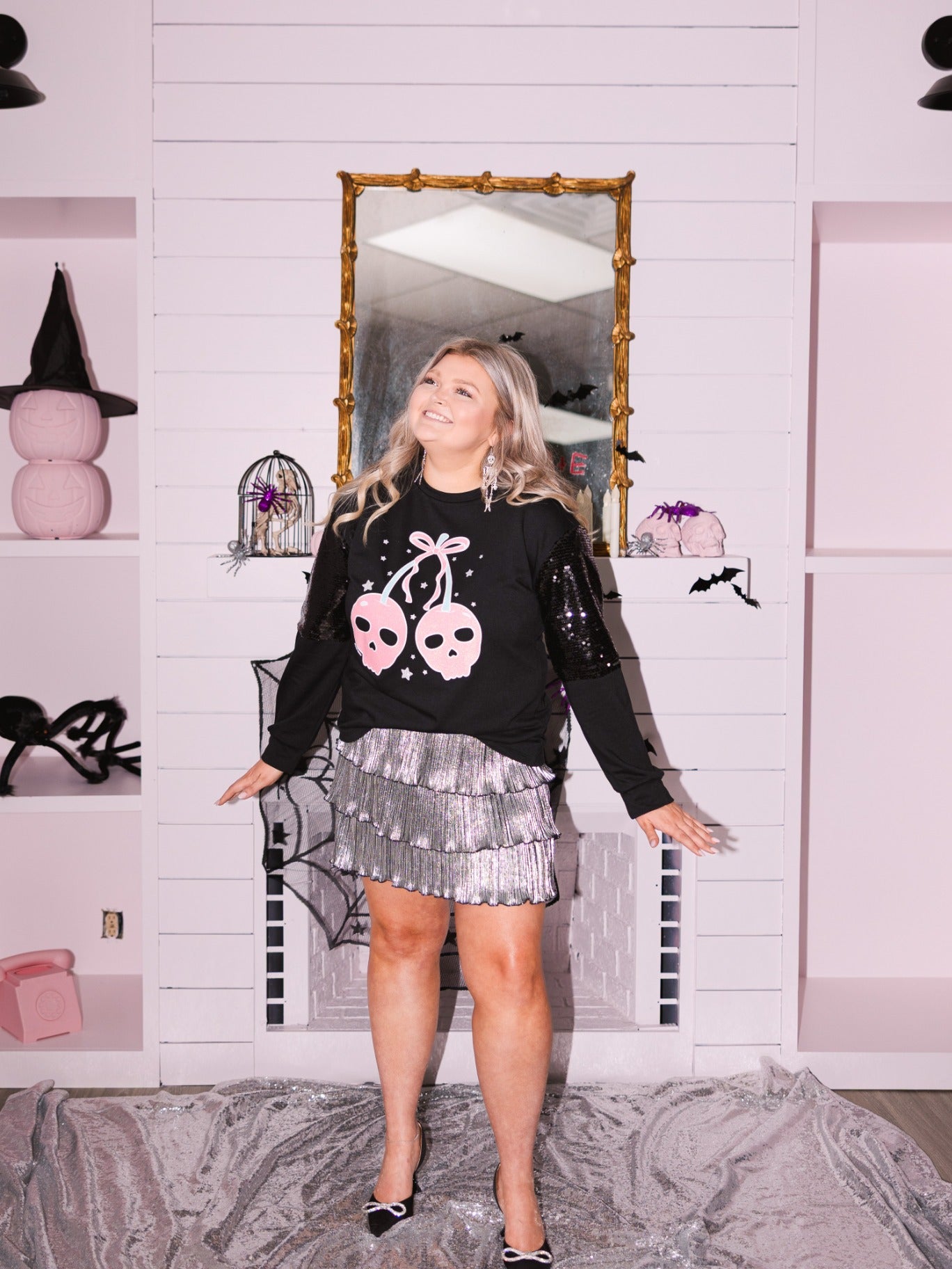 Cherry Skull on Light Weight Sequins Sweatshirt, Black