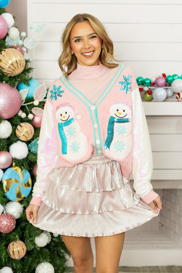 Snowman Cardigan with Sequin Sleeves