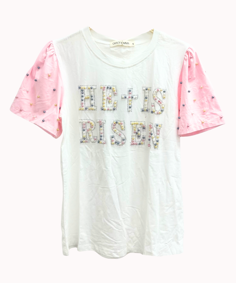 Pearl "He is Risen" on White Princess Top
