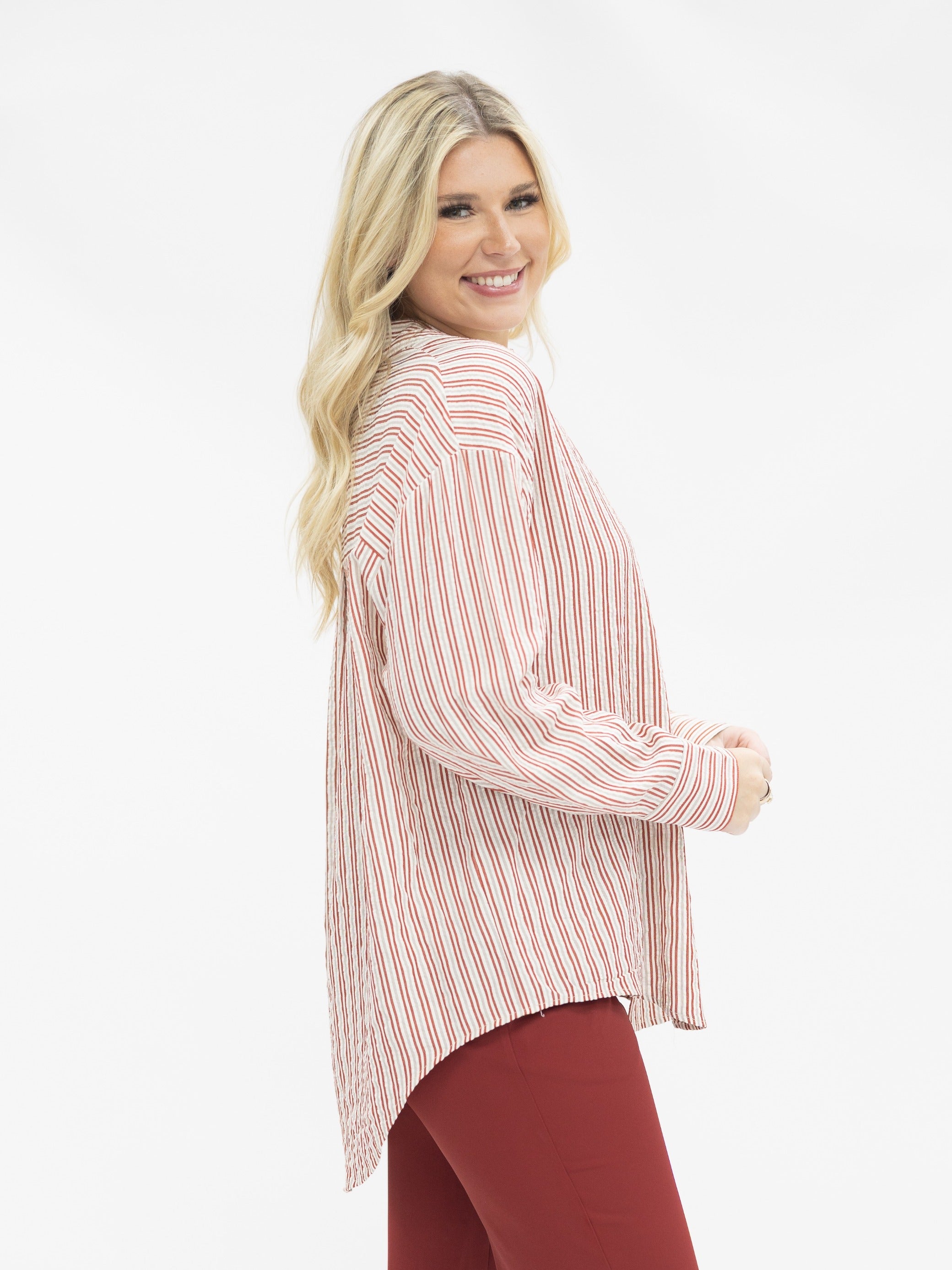 Kathryn Classic Button-Up, Red Stripes