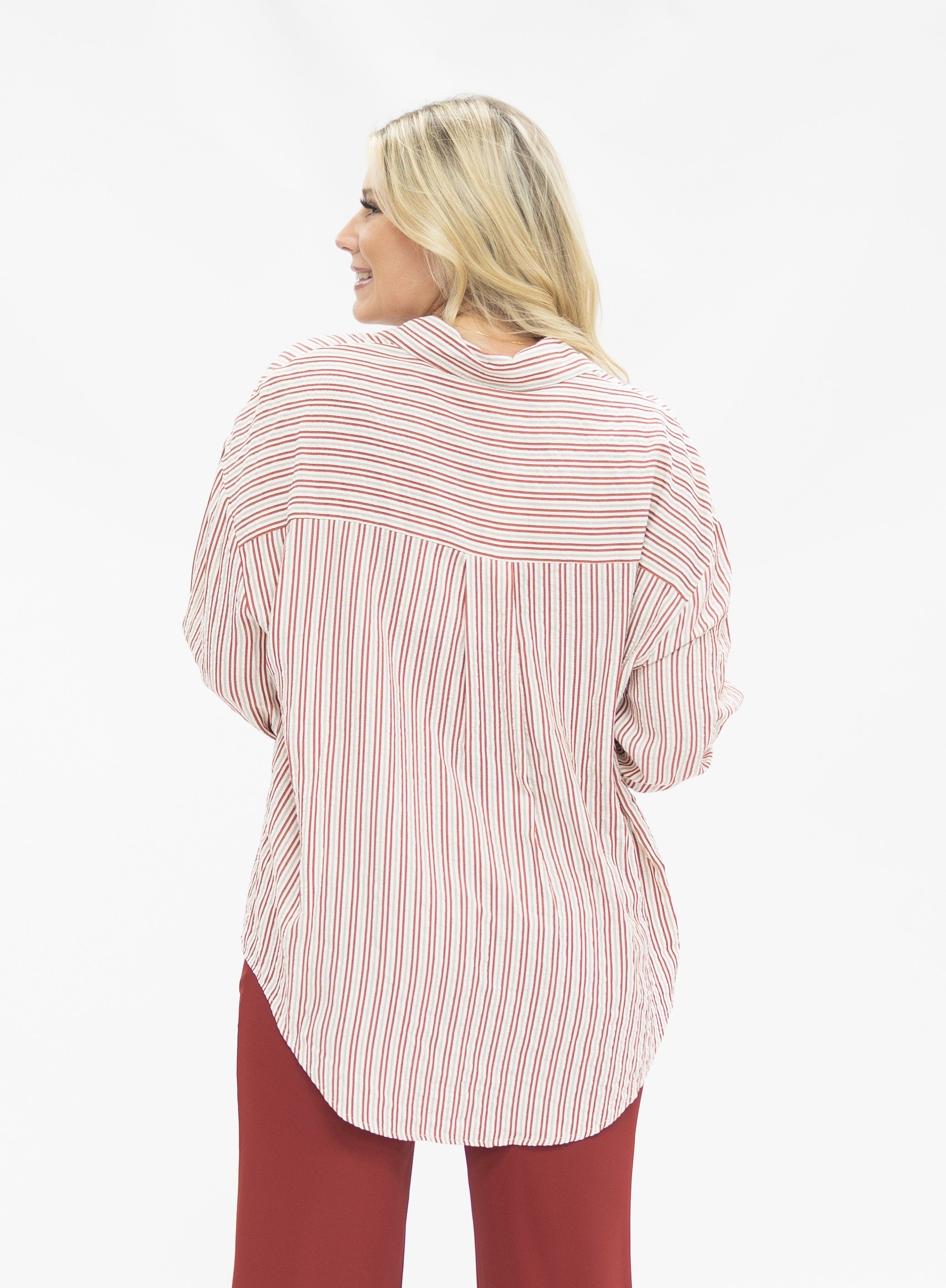 Kathryn Classic Button-Up, Red Stripes