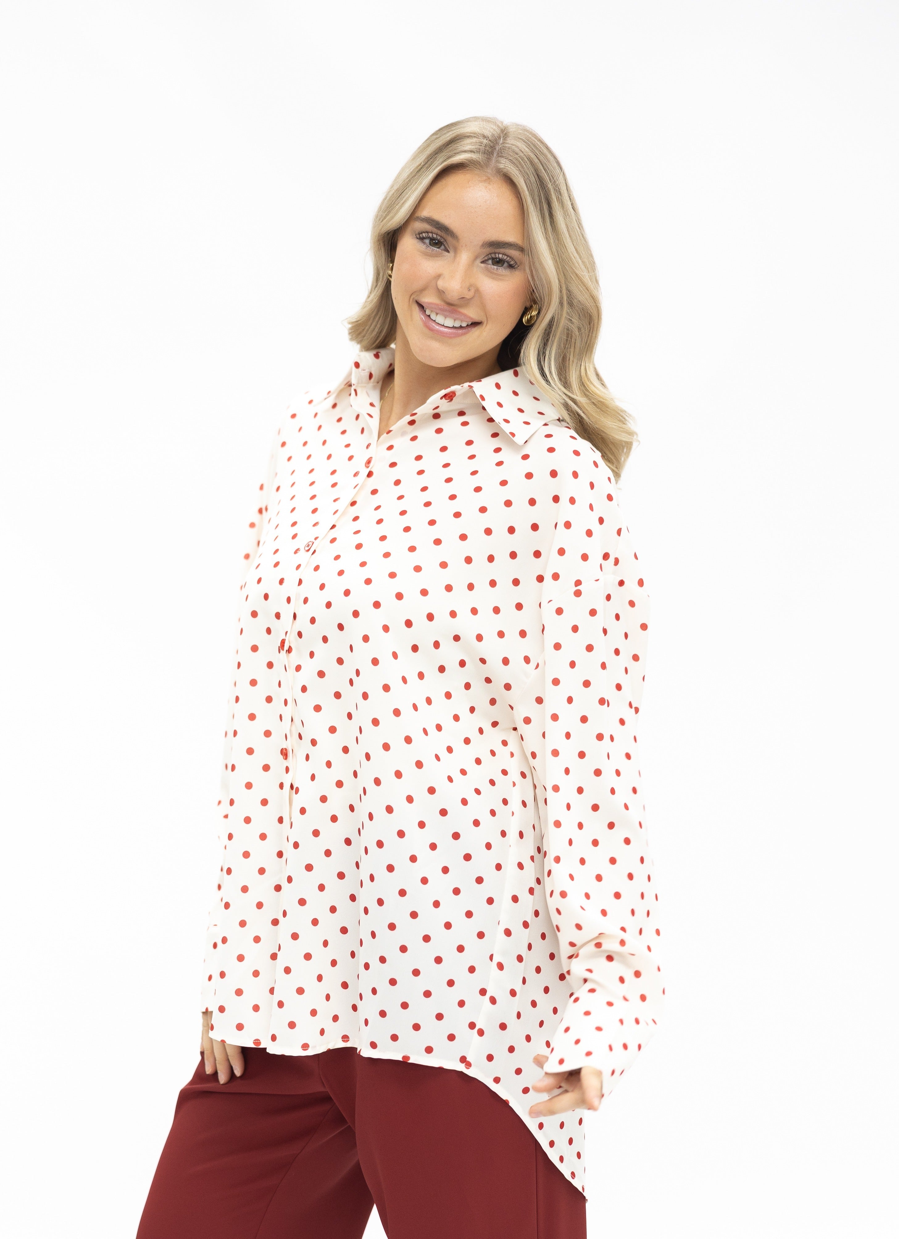 Kathryn Classic Button-Up, Red Polka-Dot